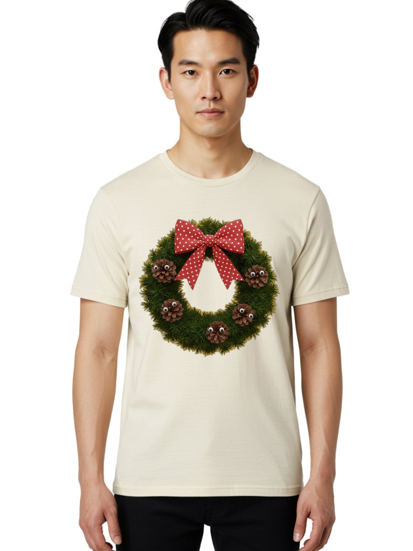 Pinecone-Wreath Men'S Graphic Tee, 100% Cotton, Comfortable Casual Summer Wear, Machine Washable, Christmas Wreath With Pinecones, Red Bow, White Polka Dots, Holiday Decoration, Festive Decor, Christmas Tree Branches, Bac246 26