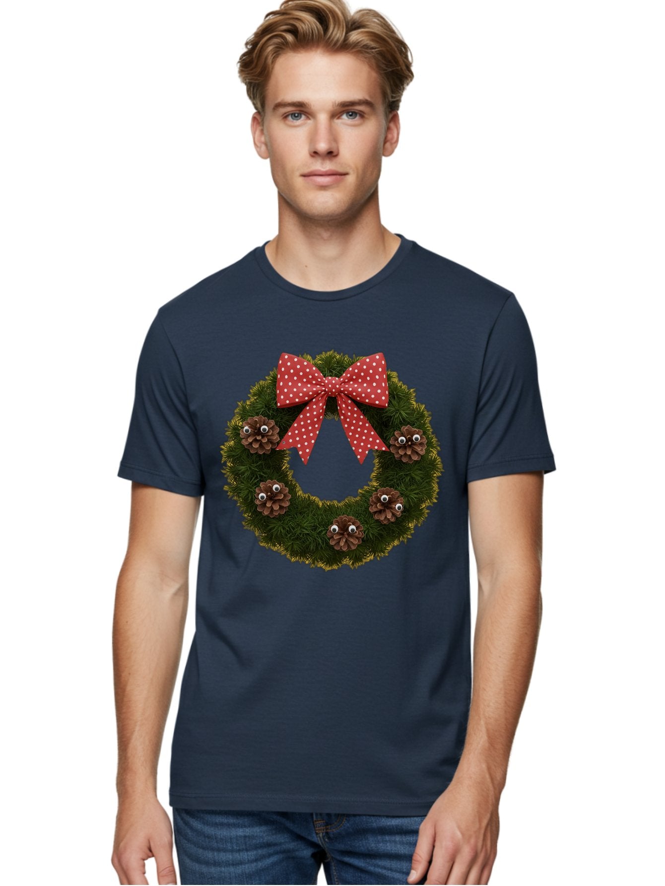 Pinecone-Wreath Men'S Graphic Tee, 100% Cotton, Comfortable Casual Summer Wear, Machine Washable, Christmas Wreath With Pinecones, Red Bow, White Polka Dots, Holiday Decoration, Festive Decor, Christmas Tree Branches, Bac246 18