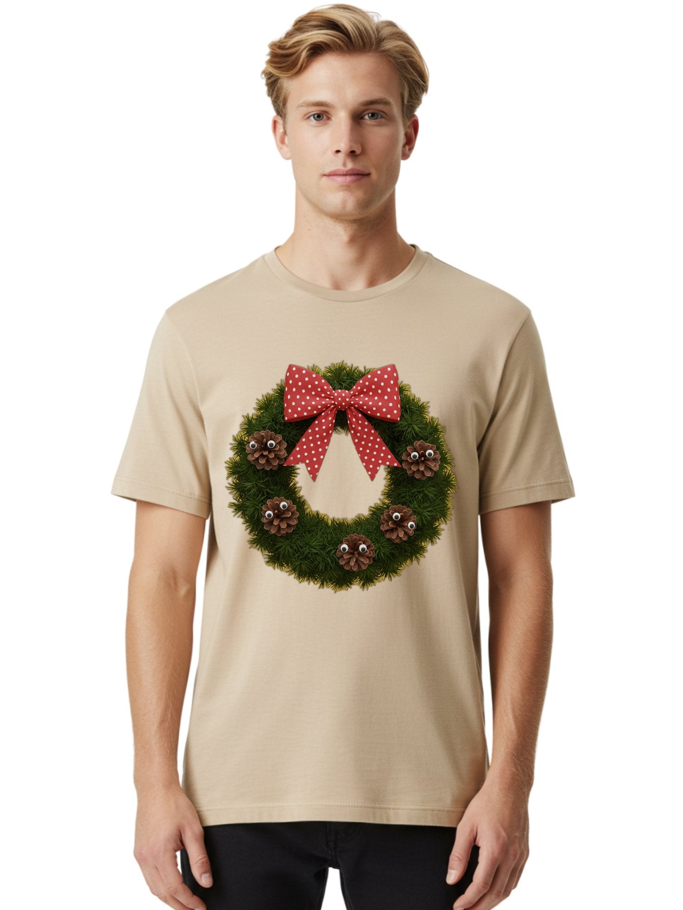 Pinecone-Wreath Men'S Graphic Tee, 100% Cotton, Comfortable Casual Summer Wear, Machine Washable, Christmas Wreath With Pinecones, Red Bow, White Polka Dots, Holiday Decoration, Festive Decor, Christmas Tree Branches, Bac246 17
