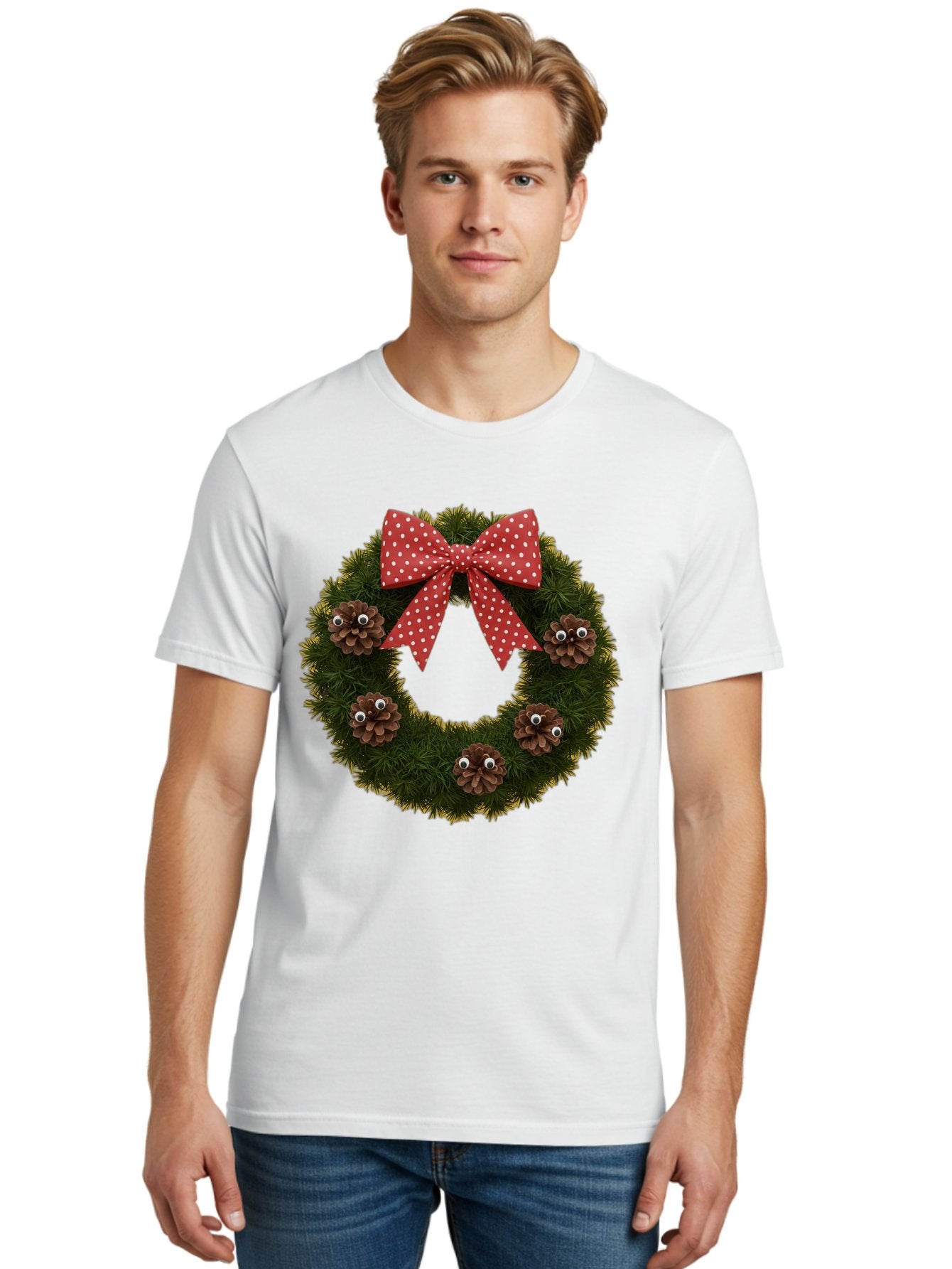 Pinecone-Wreath Men'S Graphic Tee, 100% Cotton, Comfortable Casual Summer Wear, Machine Washable, Christmas Wreath With Pinecones, Red Bow, White Polka Dots, Holiday Decoration, Festive Decor, Christmas Tree Branches, Bac246 29