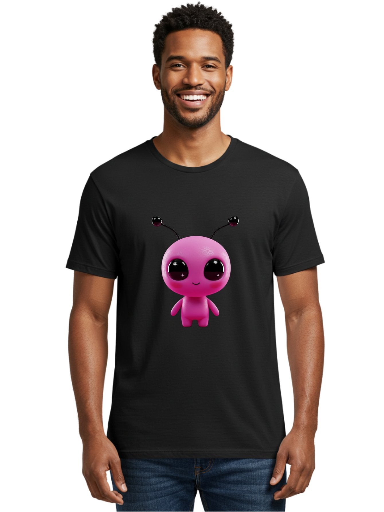 Pink-Alien Men'S Graphic Tee, 100% Cotton, Comfortable Casual Summer Wear, Machine Washable, Pink Alien Character, Cartoon Alien, Alien Figure, Cute Extraterrestrial, Adorable Cartoon Character, 3D Render, Shiny Eyes, Smiling Face, Bac247 18