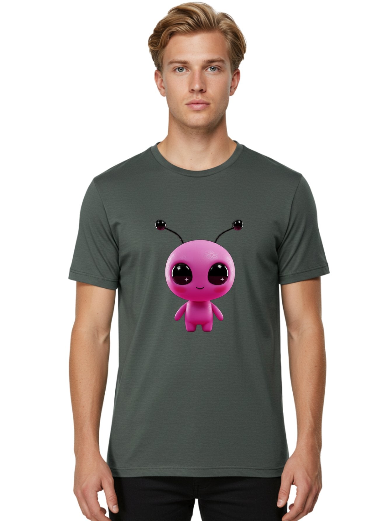 Pink-Alien Men'S Graphic Tee, 100% Cotton, Comfortable Casual Summer Wear, Machine Washable, Pink Alien Character, Cartoon Alien, Alien Figure, Cute Extraterrestrial, Adorable Cartoon Character, 3D Render, Shiny Eyes, Smiling Face, Bac247 27