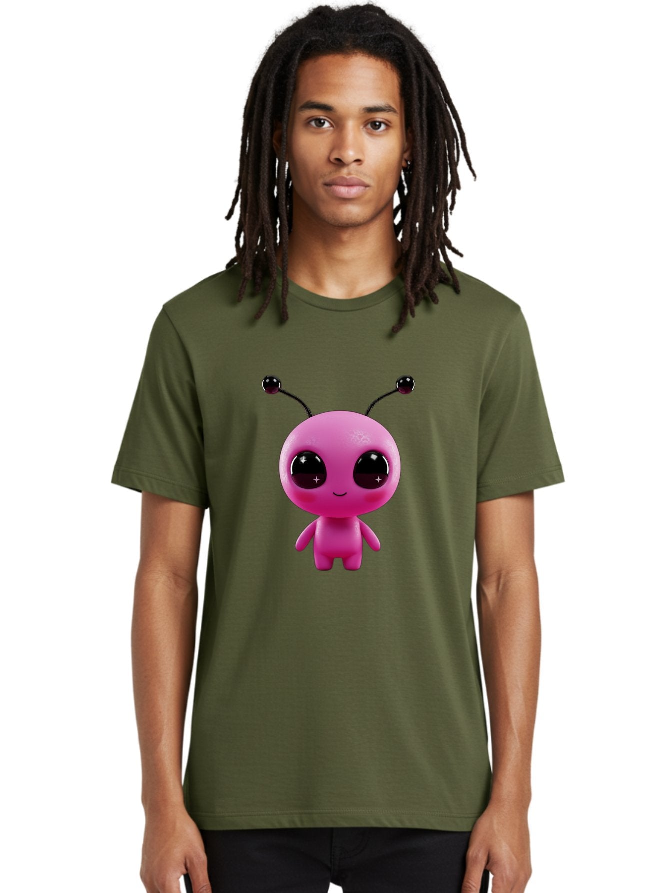 Pink-Alien Men'S Graphic Tee, 100% Cotton, Comfortable Casual Summer Wear, Machine Washable, Pink Alien Character, Cartoon Alien, Alien Figure, Cute Extraterrestrial, Adorable Cartoon Character, 3D Render, Shiny Eyes, Smiling Face, Bac247 24