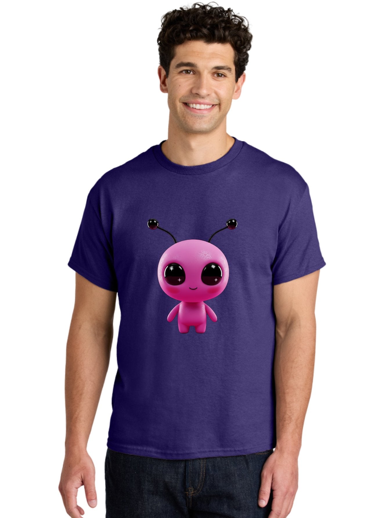 Pink-Alien Men'S Graphic Tee, 100% Cotton, Comfortable Casual Summer Wear, Machine Washable, Pink Alien Character, Cartoon Alien, Alien Figure, Cute Extraterrestrial, Adorable Cartoon Character, 3D Render, Shiny Eyes, Smiling Face, Bac247 25