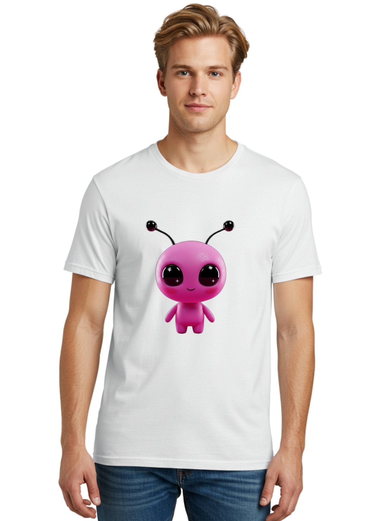 Pink-Alien Men'S Graphic Tee, 100% Cotton, Comfortable Casual Summer Wear, Machine Washable, Pink Alien Character, Cartoon Alien, Alien Figure, Cute Extraterrestrial, Adorable Cartoon Character, 3D Render, Shiny Eyes, Smiling Face, Bac247 29
