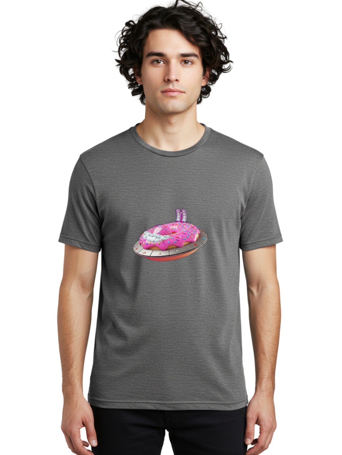 Pink-Donut-Ufo Men'S Graphic Tee, 100% Cotton, Comfortable Casual Summer Wear, Machine Washable, Donut On A Ufo, Pink Frosted Donut, Sprinkles, Digital Art, Futuristic Design, Sweet Treats, Dessert Art, Colorful Graphics, 3D Modeling, Bac249 21