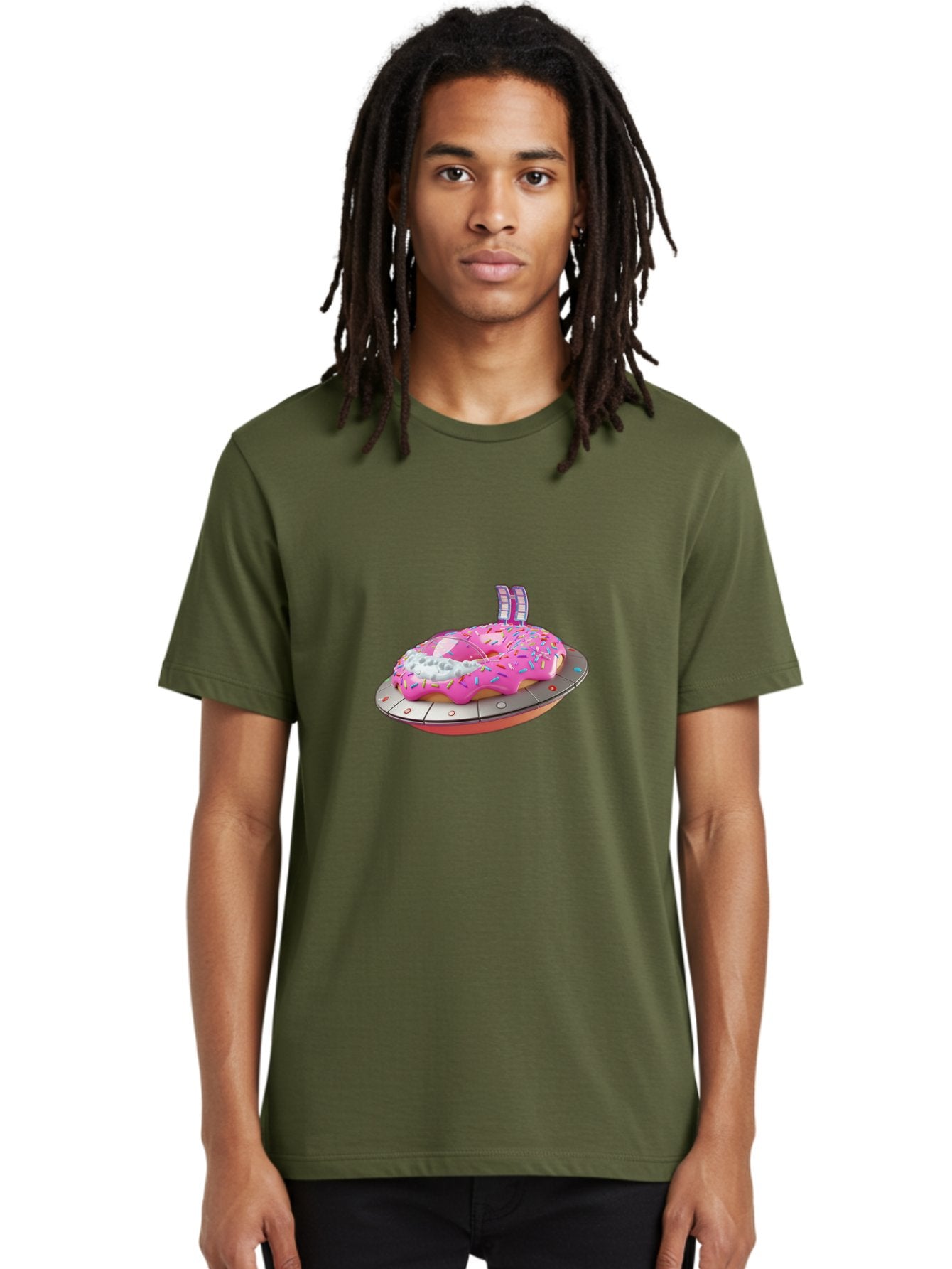 Pink-Donut-Ufo Men'S Graphic Tee, 100% Cotton, Comfortable Casual Summer Wear, Machine Washable, Donut On A Ufo, Pink Frosted Donut, Sprinkles, Digital Art, Futuristic Design, Sweet Treats, Dessert Art, Colorful Graphics, 3D Modeling, Bac249 23