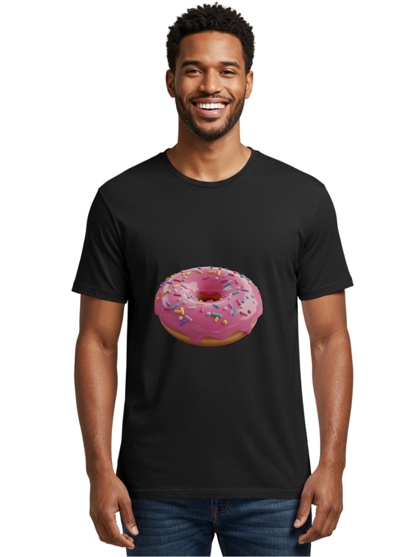 Pink-Frosted-Donut Men'S Graphic Tee, 100% Cotton, Comfortable Casual Summer Wear, Machine Washable, Pink Donut, Colorful Sprinkles, Sweet Treats, Glazed Donut, Bakery Delights, Doughnut, Tasty, Frosted, Sprinkles, Dessert Bac251 23