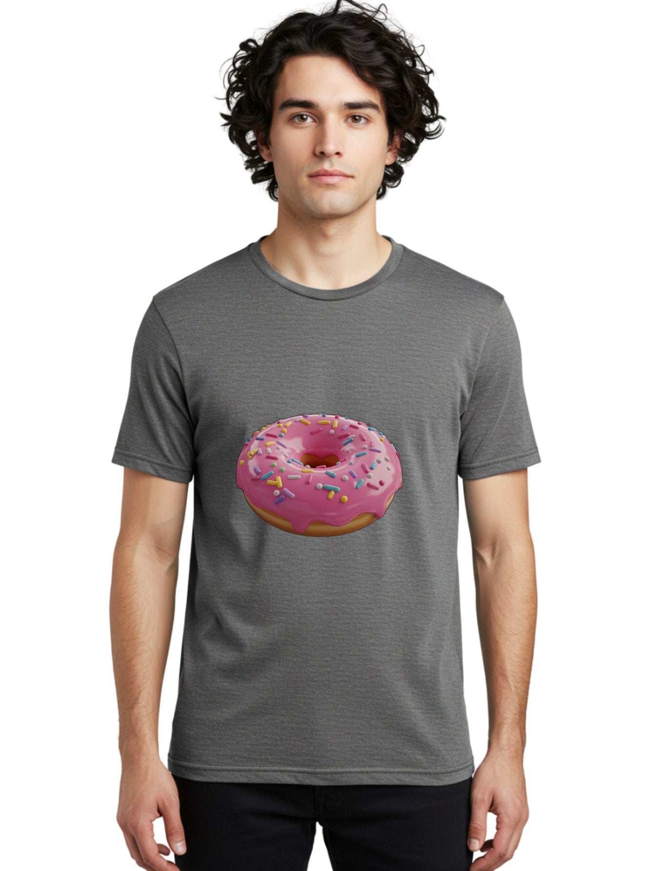 Pink-Frosted-Donut Men'S Graphic Tee, 100% Cotton, Comfortable Casual Summer Wear, Machine Washable, Pink Donut, Colorful Sprinkles, Sweet Treats, Glazed Donut, Bakery Delights, Doughnut, Tasty, Frosted, Sprinkles, Dessert Bac251 17