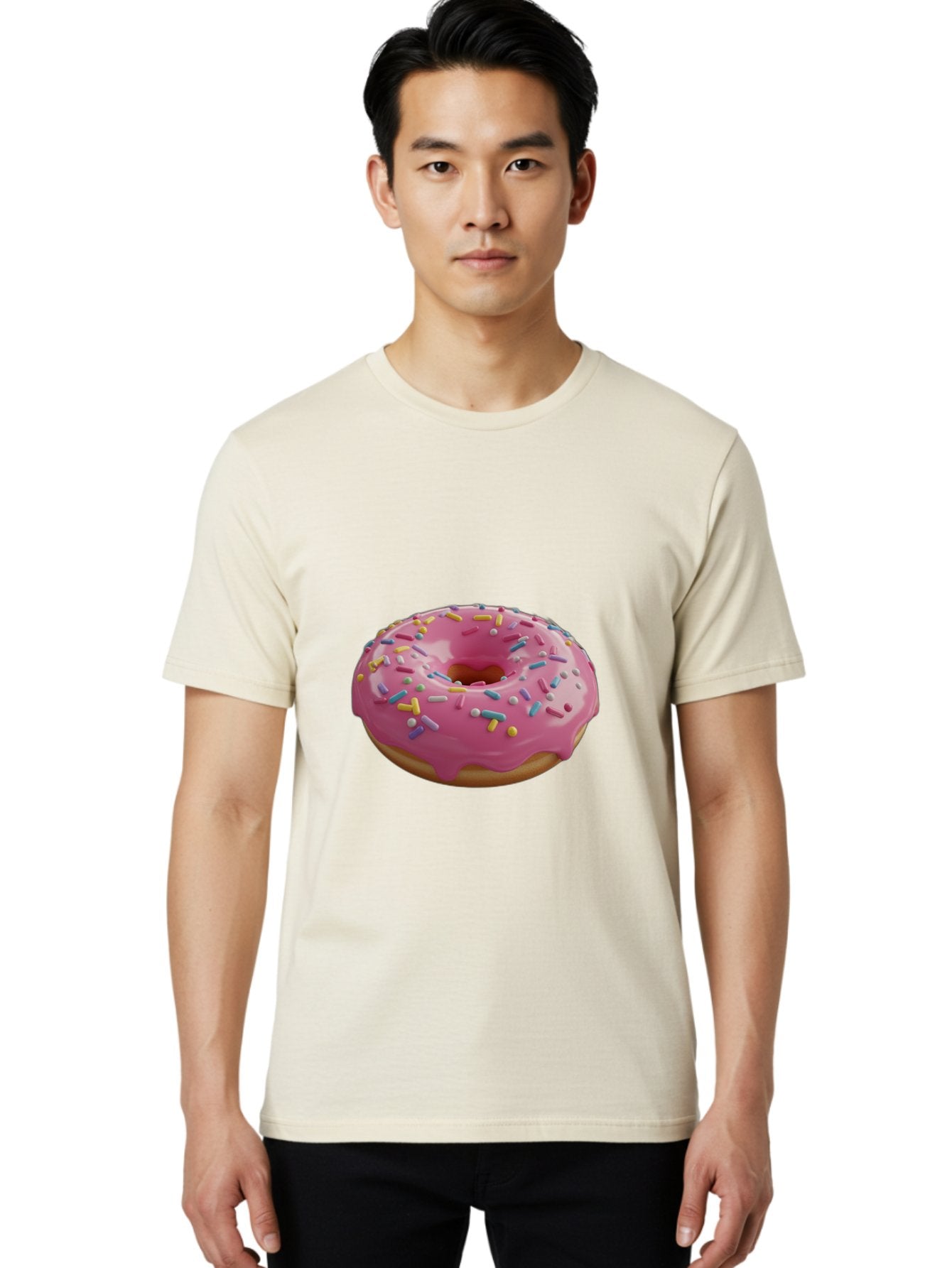 Pink-Frosted-Donut Men'S Graphic Tee, 100% Cotton, Comfortable Casual Summer Wear, Machine Washable, Pink Donut, Colorful Sprinkles, Sweet Treats, Glazed Donut, Bakery Delights, Doughnut, Tasty, Frosted, Sprinkles, Dessert Bac251 21