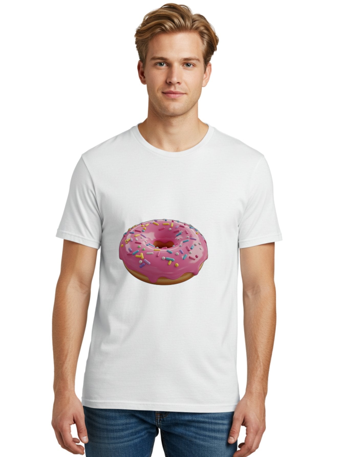 Pink-Frosted-Donut Men'S Graphic Tee, 100% Cotton, Comfortable Casual Summer Wear, Machine Washable, Pink Donut, Colorful Sprinkles, Sweet Treats, Glazed Donut, Bakery Delights, Doughnut, Tasty, Frosted, Sprinkles, Dessert Bac251 28