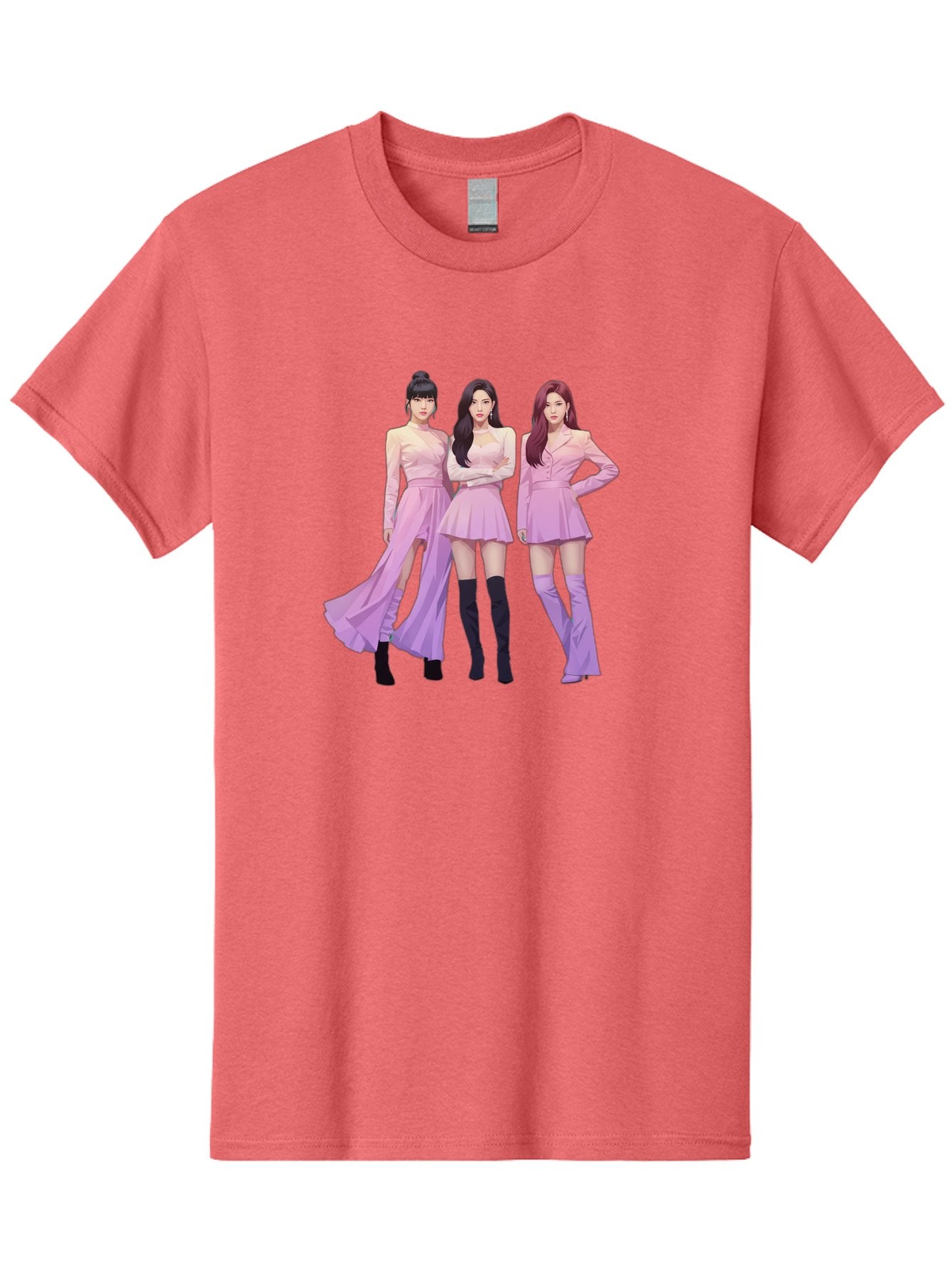 Pink-Ladies Men'S Graphic Tee, 100% Cotton, Comfortable Casual Summer Wear, Machine Washable, K-Pop Group, Female Idols, Pastel Pink Outfits, Elegant Attire, Flowing Dresses, Long Boots, Fashion Icons, Group Pose, Confident Stance, Bac252