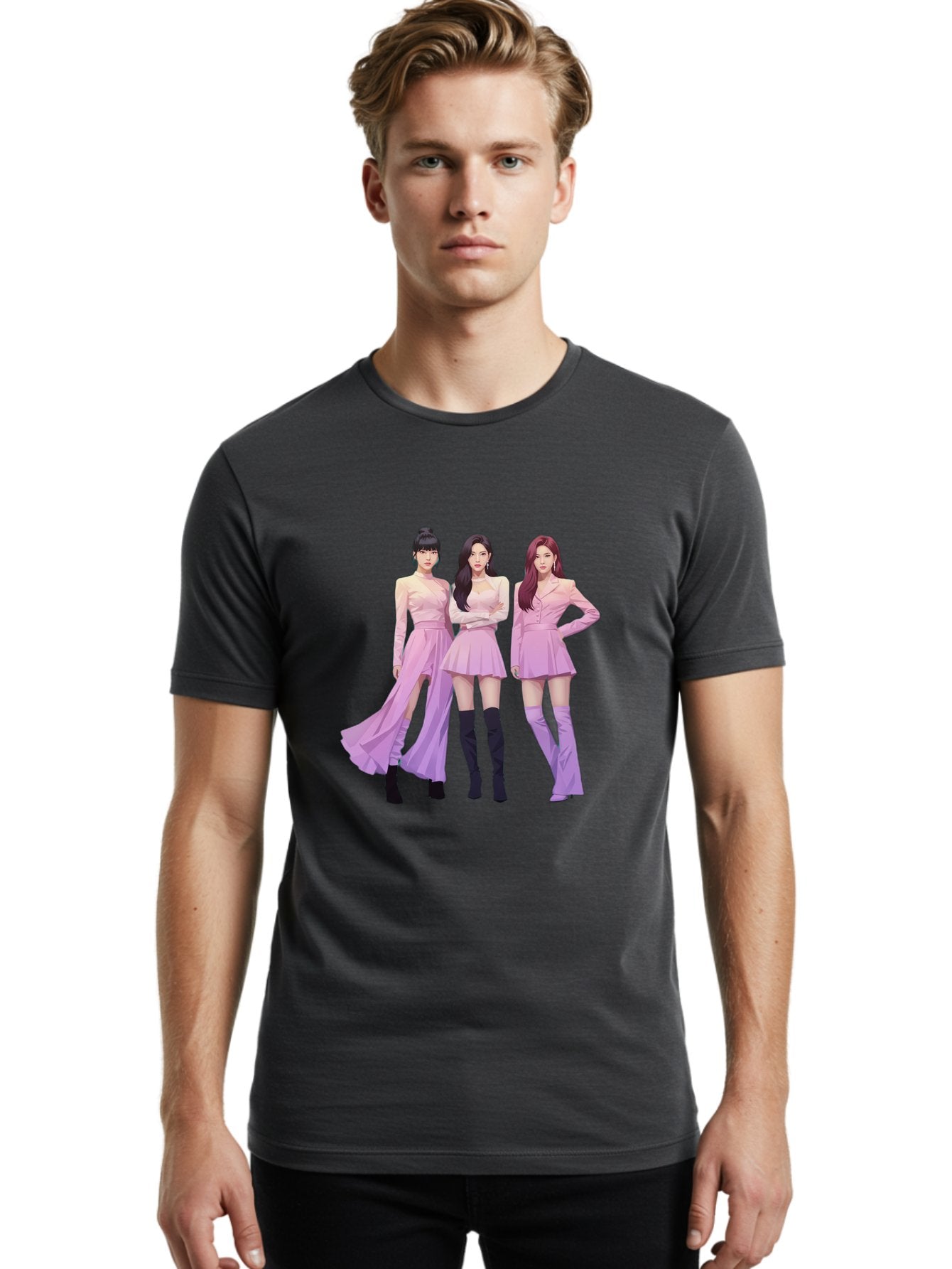 Pink-Ladies Men'S Graphic Tee, 100% Cotton, Comfortable Casual Summer Wear, Machine Washable, K-Pop Group, Female Idols, Pastel Pink Outfits, Elegant Attire, Flowing Dresses, Long Boots, Fashion Icons, Group Pose, Confident Stance, Bac252 22