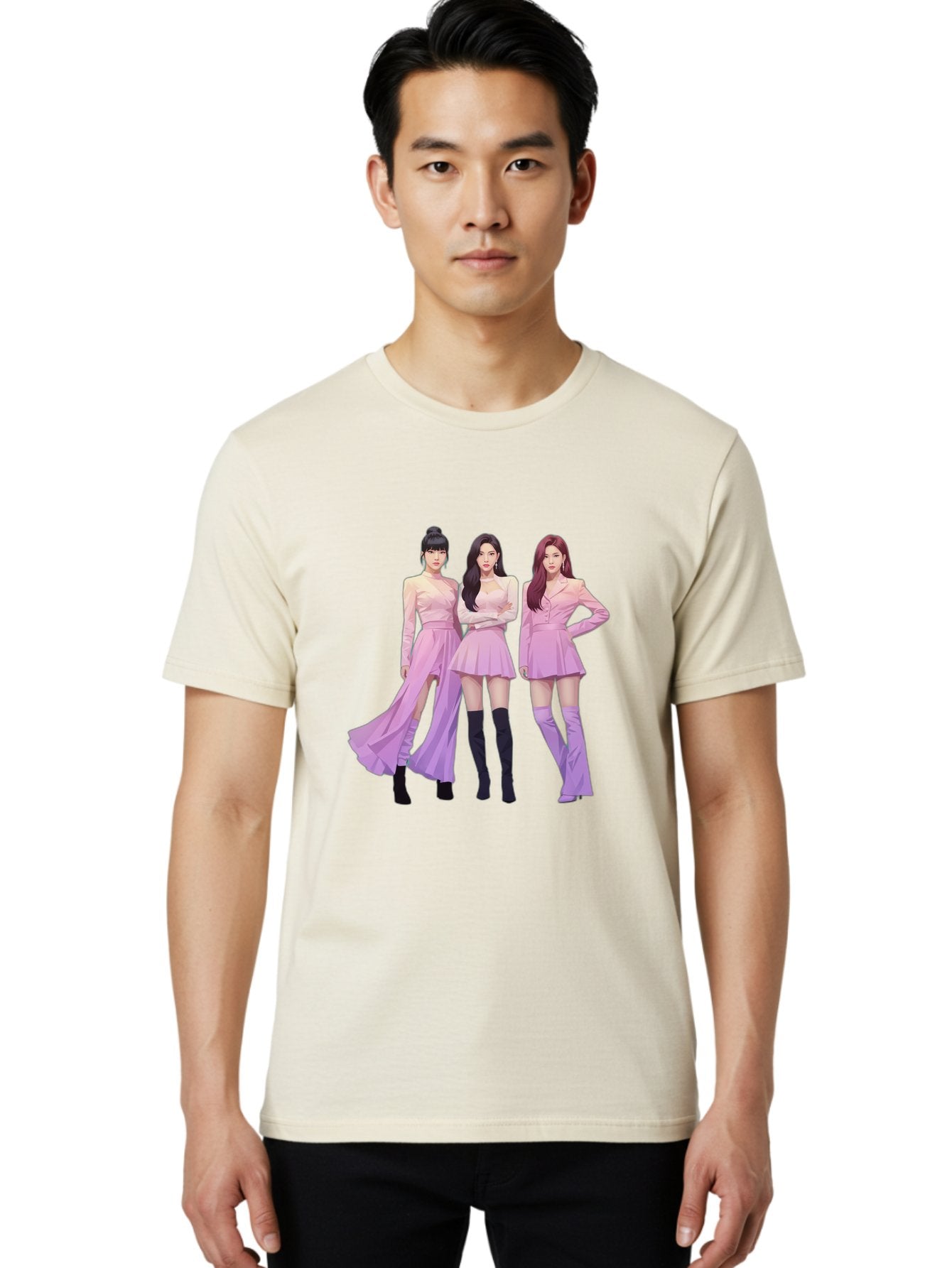Pink-Ladies Men'S Graphic Tee, 100% Cotton, Comfortable Casual Summer Wear, Machine Washable, K-Pop Group, Female Idols, Pastel Pink Outfits, Elegant Attire, Flowing Dresses, Long Boots, Fashion Icons, Group Pose, Confident Stance, Bac252 27