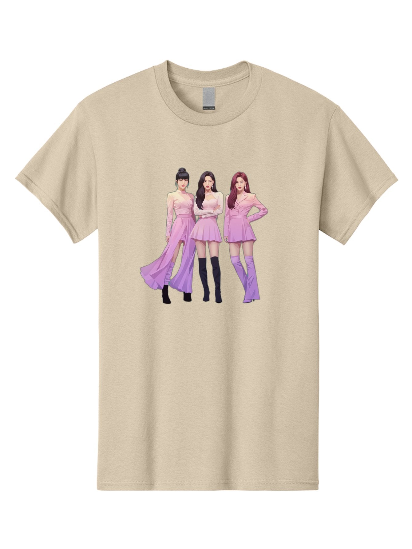 Pink-Ladies Men'S Graphic Tee, 100% Cotton, Comfortable Casual Summer Wear, Machine Washable, K-Pop Group, Female Idols, Pastel Pink Outfits, Elegant Attire, Flowing Dresses, Long Boots, Fashion Icons, Group Pose, Confident Stance, Bac252