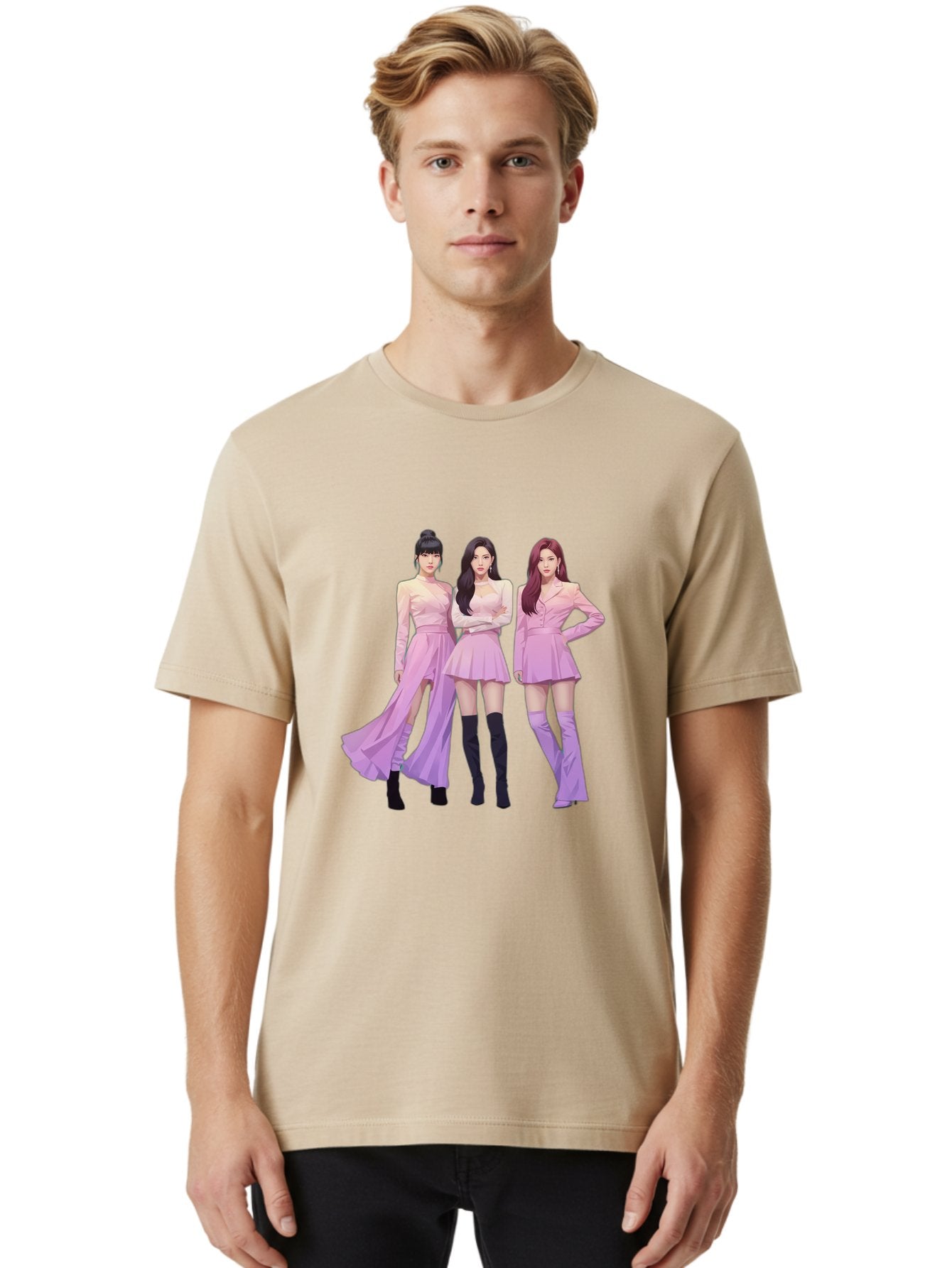 Pink-Ladies Men'S Graphic Tee, 100% Cotton, Comfortable Casual Summer Wear, Machine Washable, K-Pop Group, Female Idols, Pastel Pink Outfits, Elegant Attire, Flowing Dresses, Long Boots, Fashion Icons, Group Pose, Confident Stance, Bac252 19