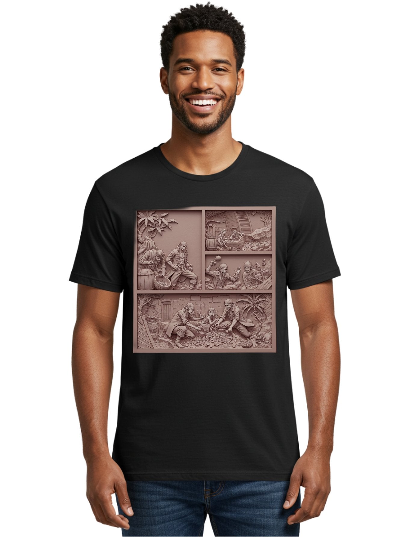 Pirates-Searching-For-Treasure Men'S Graphic Tee, 100% Cotton, Comfortable Casual Summer Wear, Machine Washable, Pirate Scene, Pirate Treasure, Pirate Life, Pirate Adventure, Pirate Loot, Pirate Gold, Buried Treasure, Pirate Theme, Bac258 16