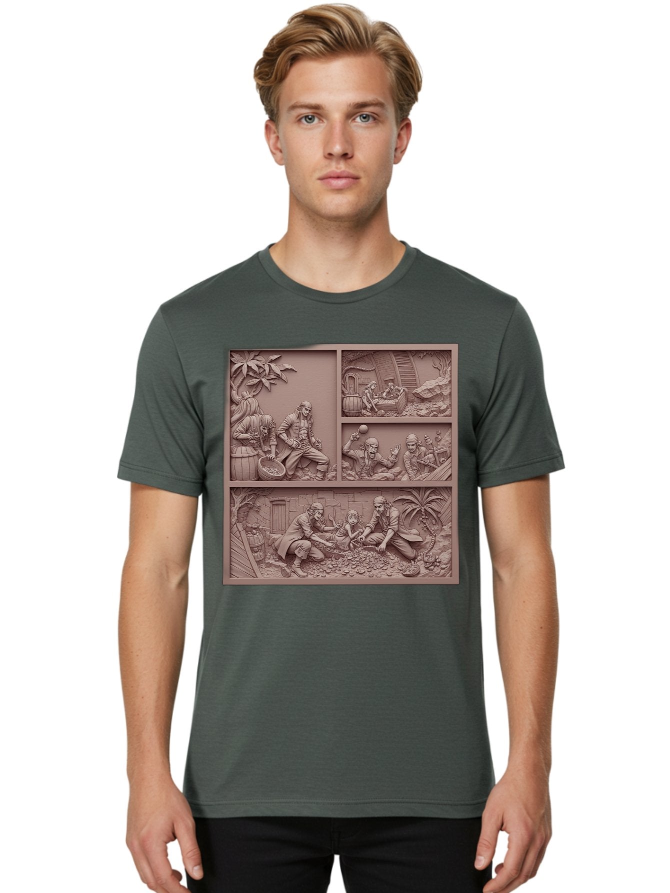 Pirates-Searching-For-Treasure Men'S Graphic Tee, 100% Cotton, Comfortable Casual Summer Wear, Machine Washable, Pirate Scene, Pirate Treasure, Pirate Life, Pirate Adventure, Pirate Loot, Pirate Gold, Buried Treasure, Pirate Theme, Bac258 23