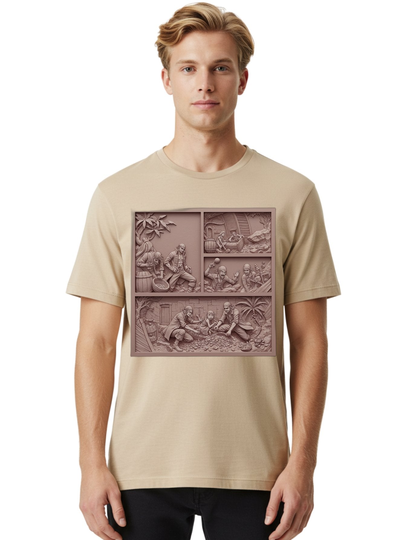 Pirates-Searching-For-Treasure Men'S Graphic Tee, 100% Cotton, Comfortable Casual Summer Wear, Machine Washable, Pirate Scene, Pirate Treasure, Pirate Life, Pirate Adventure, Pirate Loot, Pirate Gold, Buried Treasure, Pirate Theme, Bac258 30