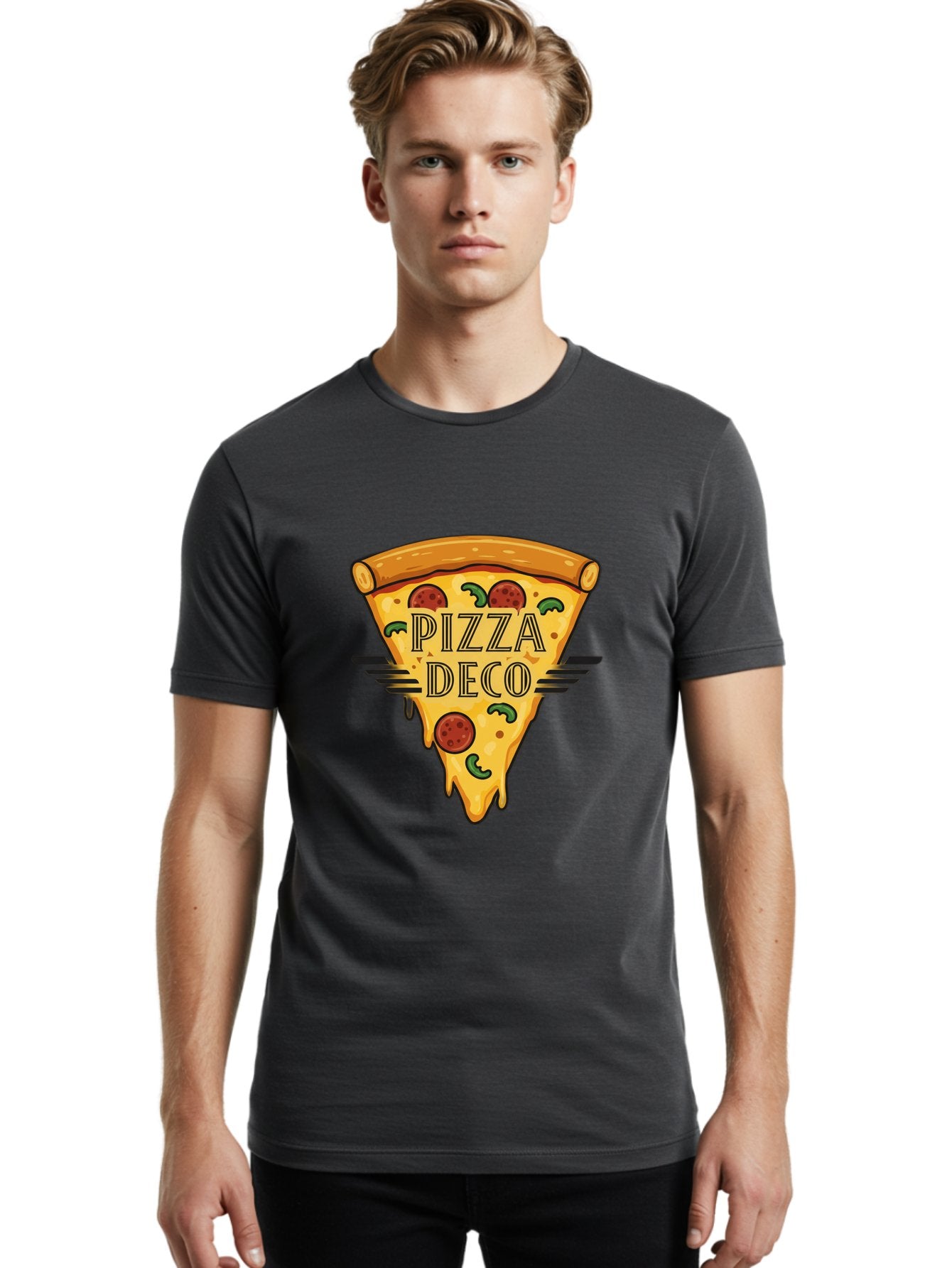 Pizza-Deco Men'S Graphic Tee, 100% Cotton, Comfortable Casual Summer Wear, Machine Washable, Pizza Slice, Melted Cheese, Pepperoni Pizza, Jalapeno Slices, Italian Food, Food Logo, Pizza Branding, Cartoon Illustration, Cheesy Goodness, Bac263 25