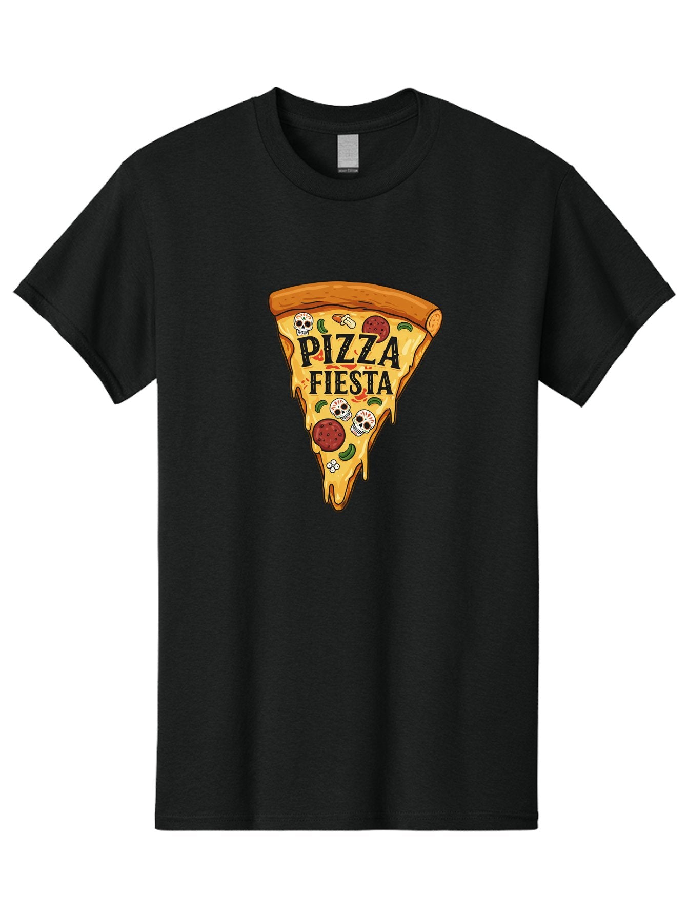 Pizza-Fiesta Men'S Graphic Tee, 100% Cotton, Comfortable Casual Summer Wear, Machine Washable, Pizza Slice, Melted Cheese, Pepperoni Topping, Jalapeno Peppers, Skull Decoration, Fiesta Theme, Cartoon Style, Savory Food, Spicy Pizza, Bac264 9