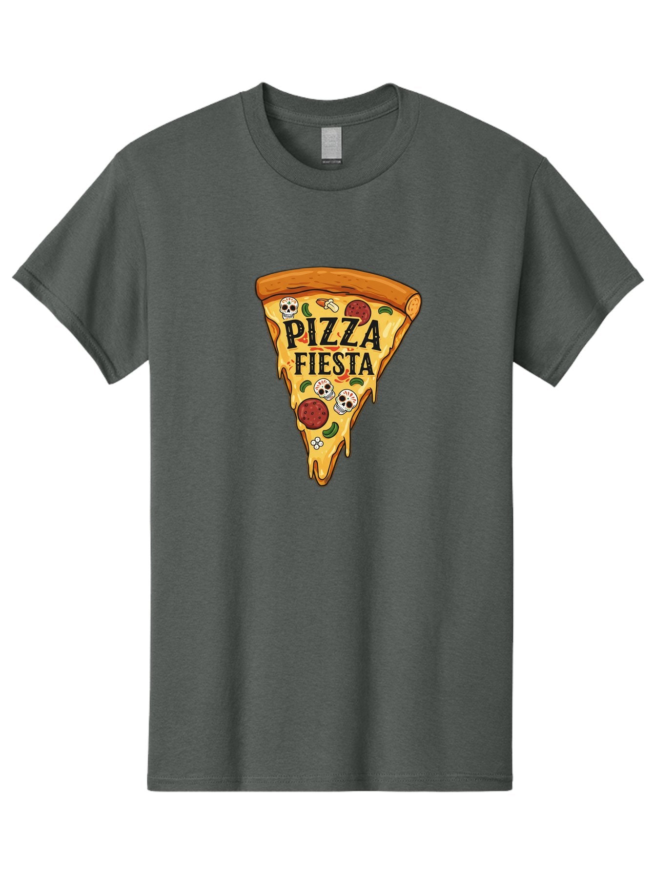 Pizza-Fiesta Men'S Graphic Tee, 100% Cotton, Comfortable Casual Summer Wear, Machine Washable, Pizza Slice, Melted Cheese, Pepperoni Topping, Jalapeno Peppers, Skull Decoration, Fiesta Theme, Cartoon Style, Savory Food, Spicy Pizza, Bac264 7