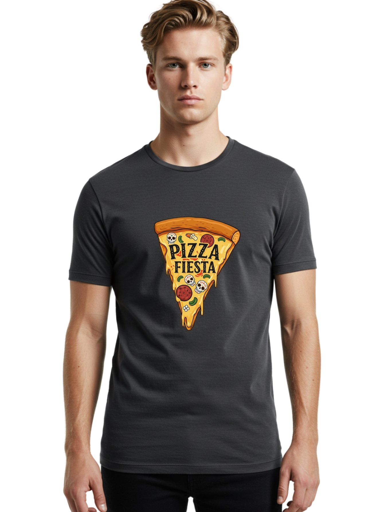 Pizza-Fiesta Men'S Graphic Tee, 100% Cotton, Comfortable Casual Summer Wear, Machine Washable, Pizza Slice, Melted Cheese, Pepperoni Topping, Jalapeno Peppers, Skull Decoration, Fiesta Theme, Cartoon Style, Savory Food, Spicy Pizza, Bac264 19