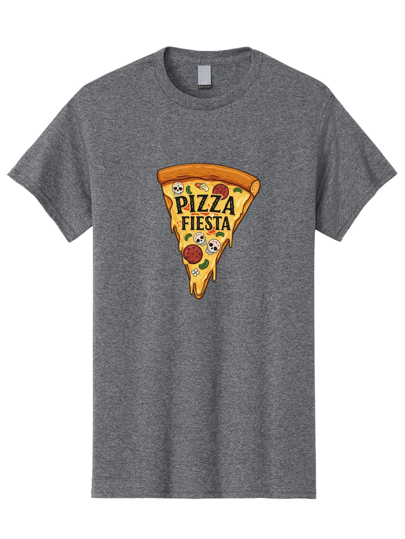 Pizza-Fiesta Men'S Graphic Tee, 100% Cotton, Comfortable Casual Summer Wear, Machine Washable, Pizza Slice, Melted Cheese, Pepperoni Topping, Jalapeno Peppers, Skull Decoration, Fiesta Theme, Cartoon Style, Savory Food, Spicy Pizza, Bac264 14