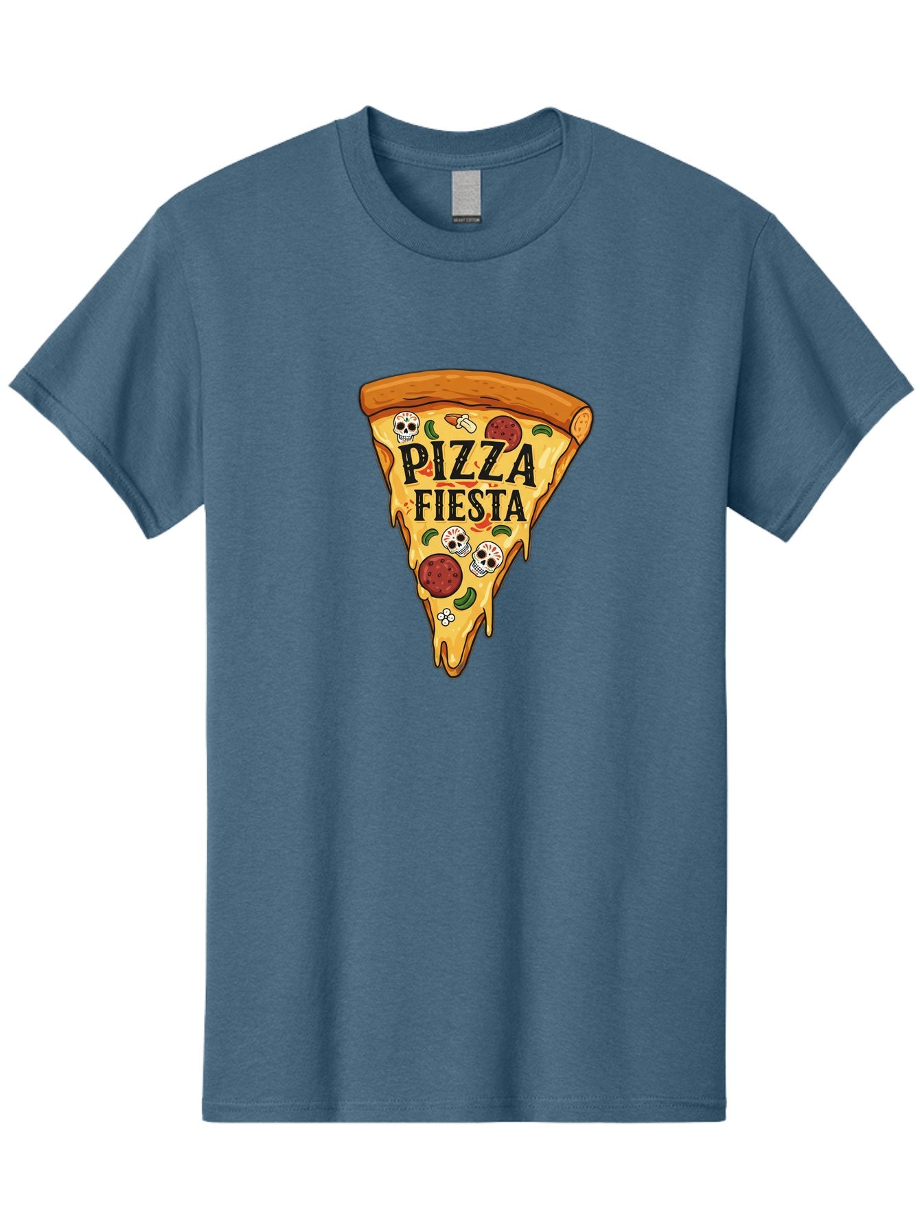 Pizza-Fiesta Men'S Graphic Tee, 100% Cotton, Comfortable Casual Summer Wear, Machine Washable, Pizza Slice, Melted Cheese, Pepperoni Topping, Jalapeno Peppers, Skull Decoration, Fiesta Theme, Cartoon Style, Savory Food, Spicy Pizza, Bac264