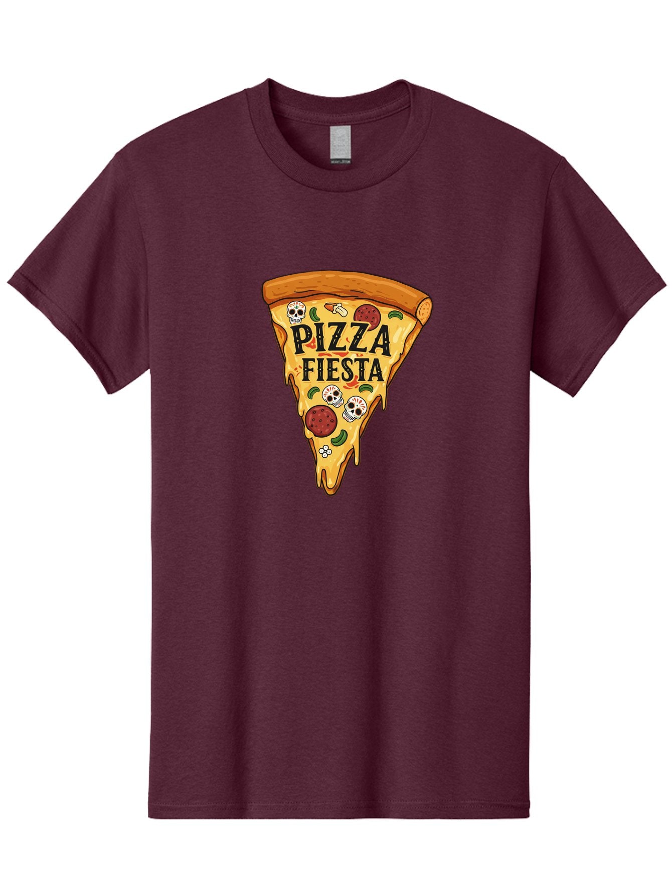 Pizza-Fiesta Men'S Graphic Tee, 100% Cotton, Comfortable Casual Summer Wear, Machine Washable, Pizza Slice, Melted Cheese, Pepperoni Topping, Jalapeno Peppers, Skull Decoration, Fiesta Theme, Cartoon Style, Savory Food, Spicy Pizza, Bac264 13