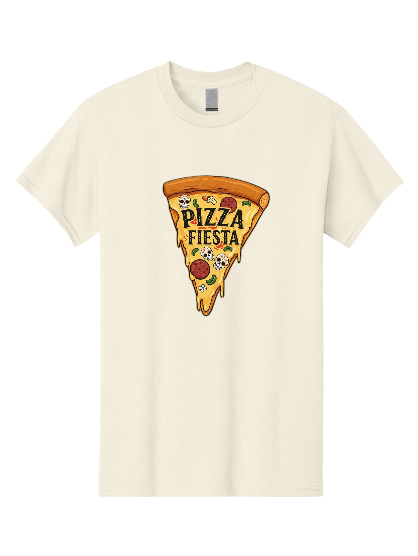 Pizza-Fiesta Men'S Graphic Tee, 100% Cotton, Comfortable Casual Summer Wear, Machine Washable, Pizza Slice, Melted Cheese, Pepperoni Topping, Jalapeno Peppers, Skull Decoration, Fiesta Theme, Cartoon Style, Savory Food, Spicy Pizza, Bac264 5
