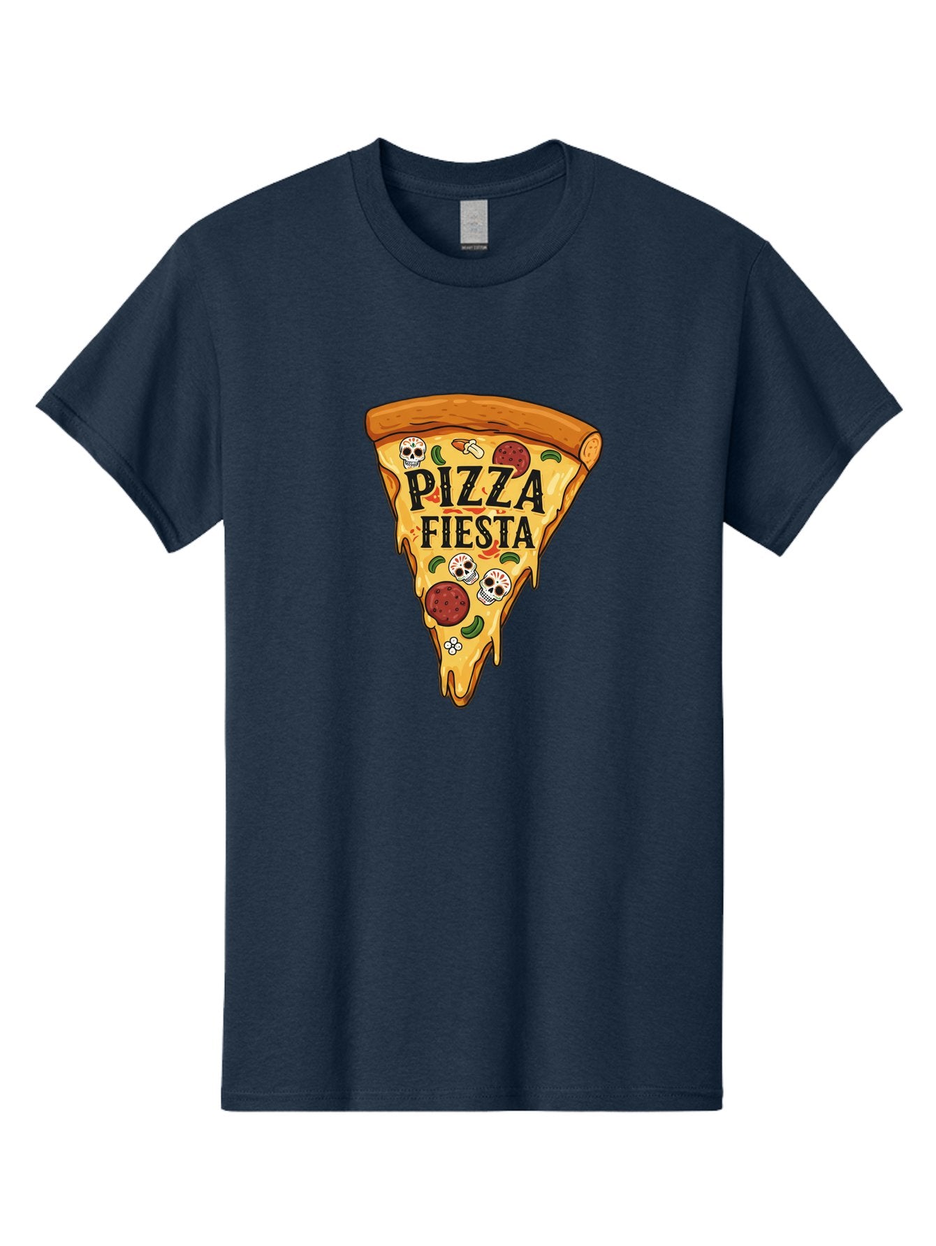 Pizza-Fiesta Men'S Graphic Tee, 100% Cotton, Comfortable Casual Summer Wear, Machine Washable, Pizza Slice, Melted Cheese, Pepperoni Topping, Jalapeno Peppers, Skull Decoration, Fiesta Theme, Cartoon Style, Savory Food, Spicy Pizza, Bac264 12