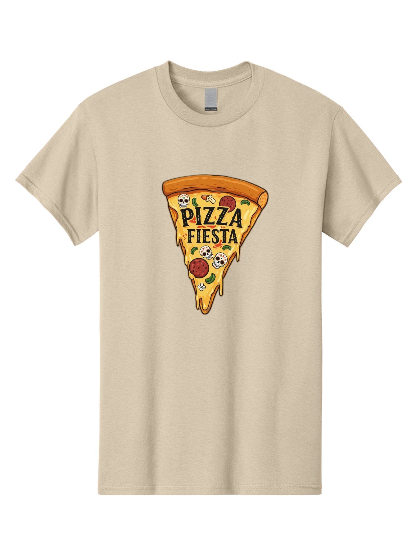 Pizza-Fiesta Men'S Graphic Tee, 100% Cotton, Comfortable Casual Summer Wear, Machine Washable, Pizza Slice, Melted Cheese, Pepperoni Topping, Jalapeno Peppers, Skull Decoration, Fiesta Theme, Cartoon Style, Savory Food, Spicy Pizza, Bac264 10