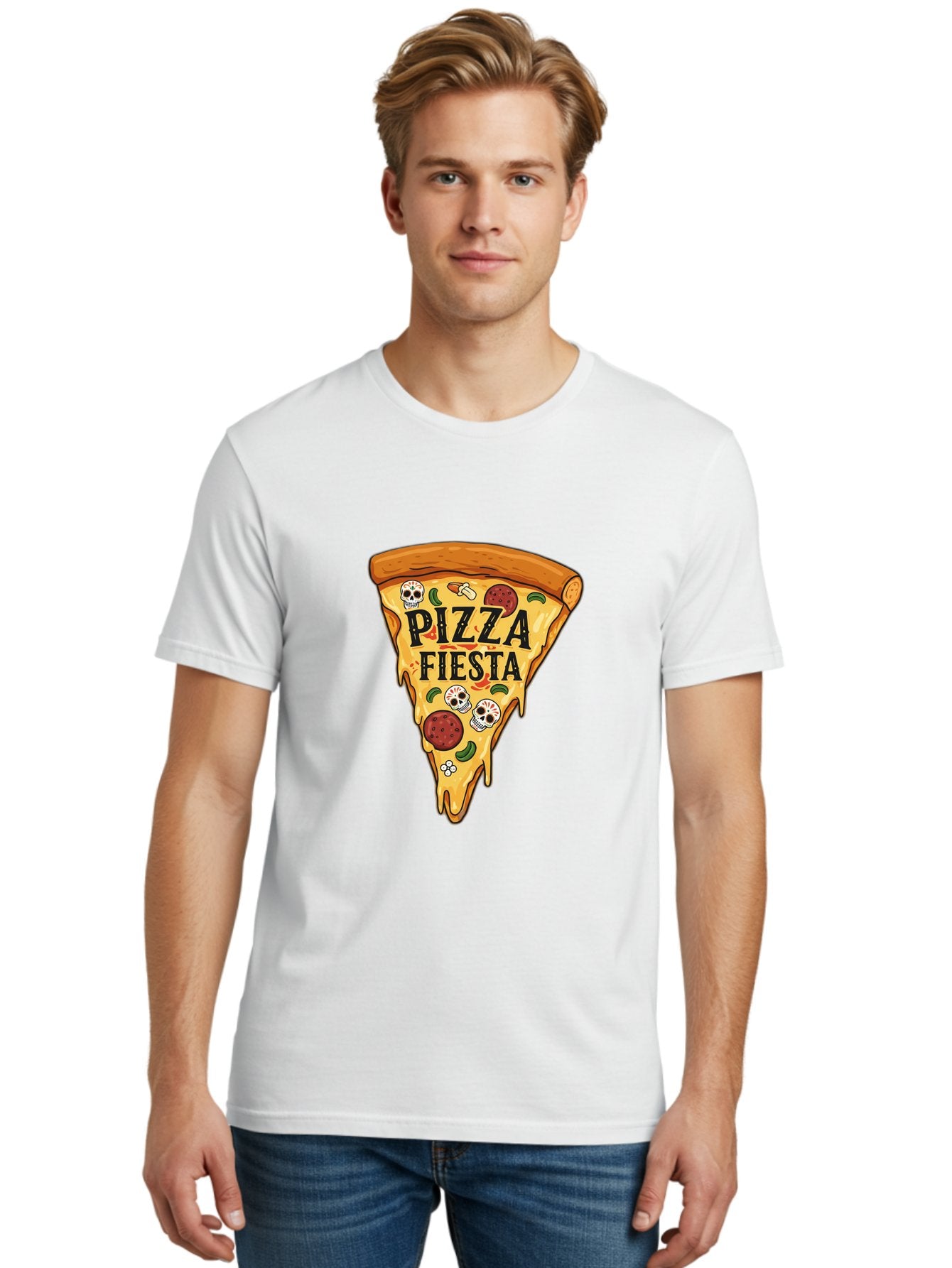 Pizza-Fiesta Men'S Graphic Tee, 100% Cotton, Comfortable Casual Summer Wear, Machine Washable, Pizza Slice, Melted Cheese, Pepperoni Topping, Jalapeno Peppers, Skull Decoration, Fiesta Theme, Cartoon Style, Savory Food, Spicy Pizza, Bac264 30