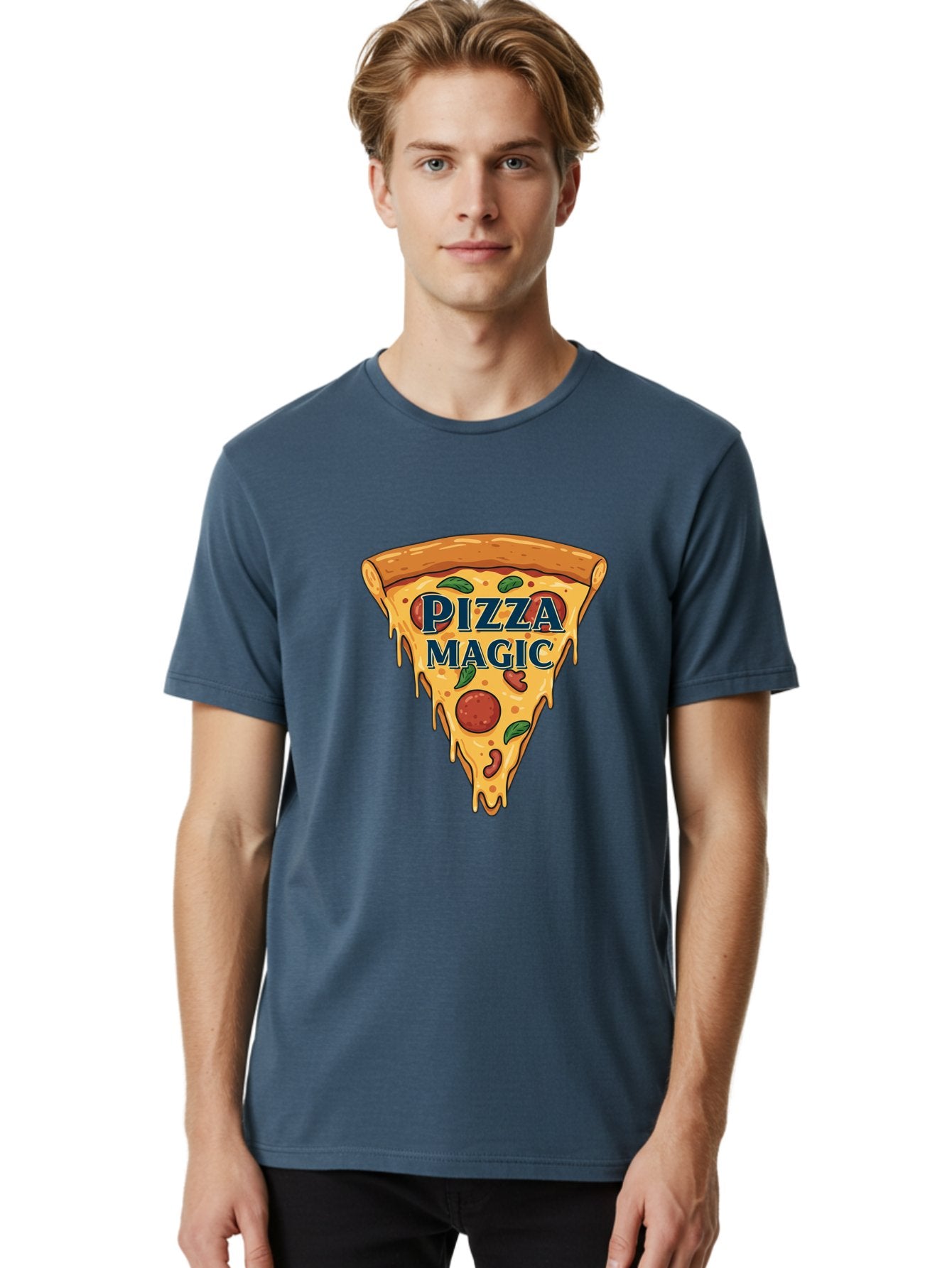 Pizza-Magic Men'S Graphic Tee, 100% Cotton, Comfortable Casual Summer Wear, Machine Washable, Pizza Slice, Cheesy Goodness, Pepperoni Pizza, Basil Leaves, Gooey Cheese, Melting Cheese, Savory Delight, Pizza Magic Bac265 27