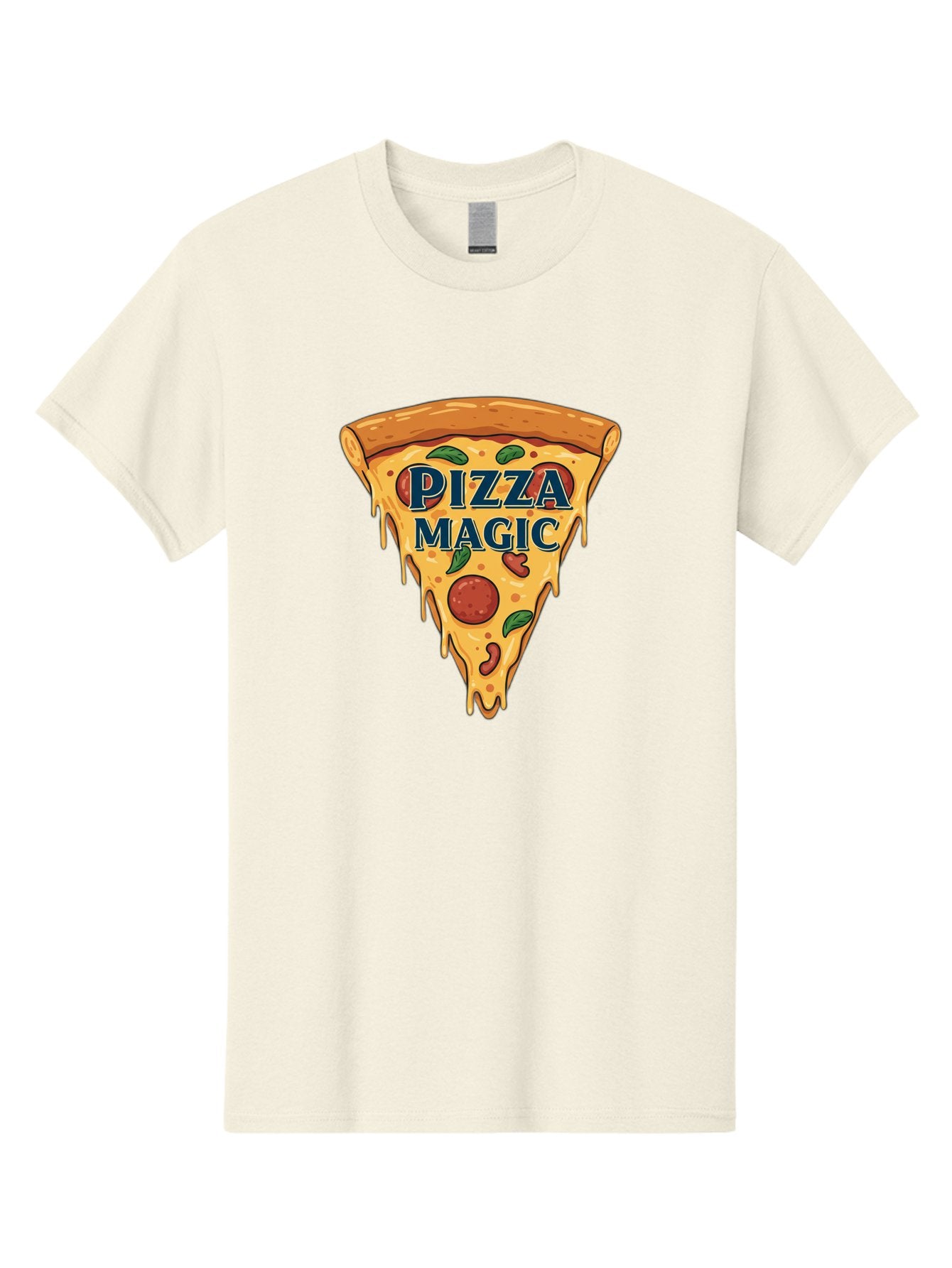 Pizza-Magic Men'S Graphic Tee, 100% Cotton, Comfortable Casual Summer Wear, Machine Washable, Pizza Slice, Cheesy Goodness, Pepperoni Pizza, Basil Leaves, Gooey Cheese, Melting Cheese, Savory Delight, Pizza Magic Bac265