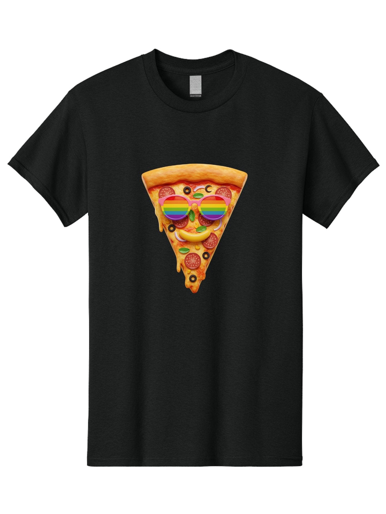 Pizza-Slice-13 Men'S Graphic Tee, 100% Cotton, Comfortable Casual Summer Wear, Machine Washable, Pizza Slice, Rainbow Sunglasses, Funny Face, Cheese Melting, Pepperoni Pizza, Black Olives, Basil Leaves, Rainbow Colors, Fun Design, Bac273 9