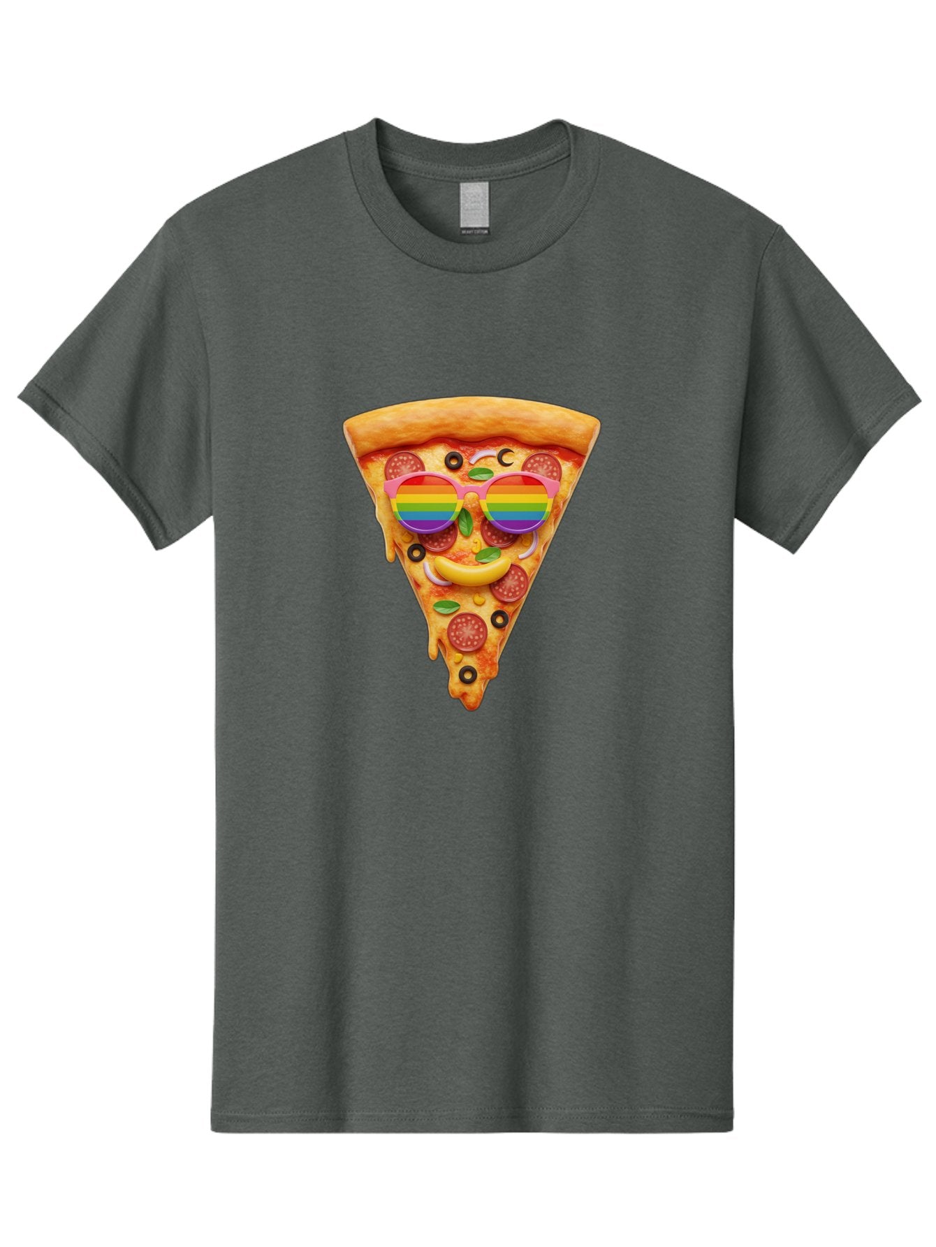 Pizza-Slice-13 Men'S Graphic Tee, 100% Cotton, Comfortable Casual Summer Wear, Machine Washable, Pizza Slice, Rainbow Sunglasses, Funny Face, Cheese Melting, Pepperoni Pizza, Black Olives, Basil Leaves, Rainbow Colors, Fun Design, Bac273
