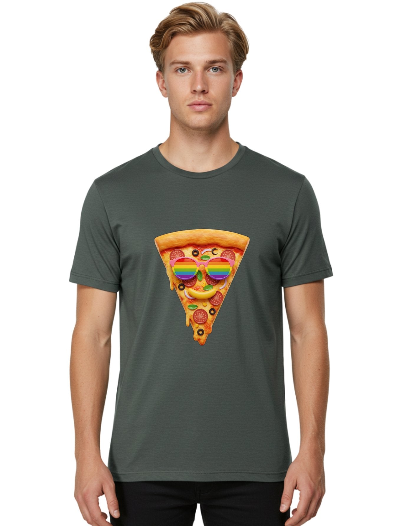 Pizza-Slice-13 Men'S Graphic Tee, 100% Cotton, Comfortable Casual Summer Wear, Machine Washable, Pizza Slice, Rainbow Sunglasses, Funny Face, Cheese Melting, Pepperoni Pizza, Black Olives, Basil Leaves, Rainbow Colors, Fun Design, Bac273 19