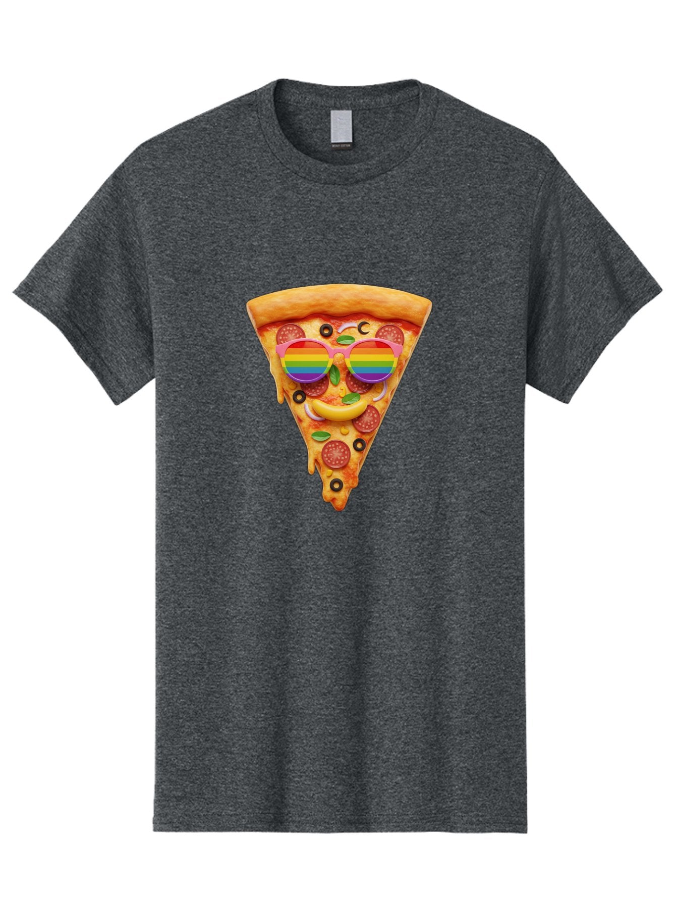 Pizza-Slice-13 Men'S Graphic Tee, 100% Cotton, Comfortable Casual Summer Wear, Machine Washable, Pizza Slice, Rainbow Sunglasses, Funny Face, Cheese Melting, Pepperoni Pizza, Black Olives, Basil Leaves, Rainbow Colors, Fun Design, Bac273 10