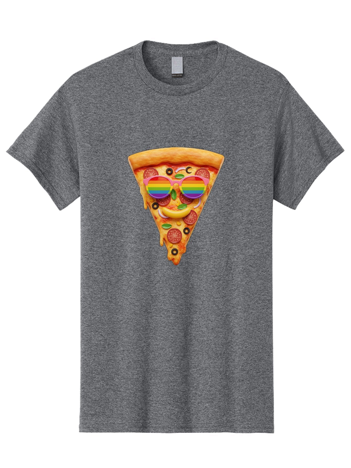 Pizza-Slice-13 Men'S Graphic Tee, 100% Cotton, Comfortable Casual Summer Wear, Machine Washable, Pizza Slice, Rainbow Sunglasses, Funny Face, Cheese Melting, Pepperoni Pizza, Black Olives, Basil Leaves, Rainbow Colors, Fun Design, Bac273 6