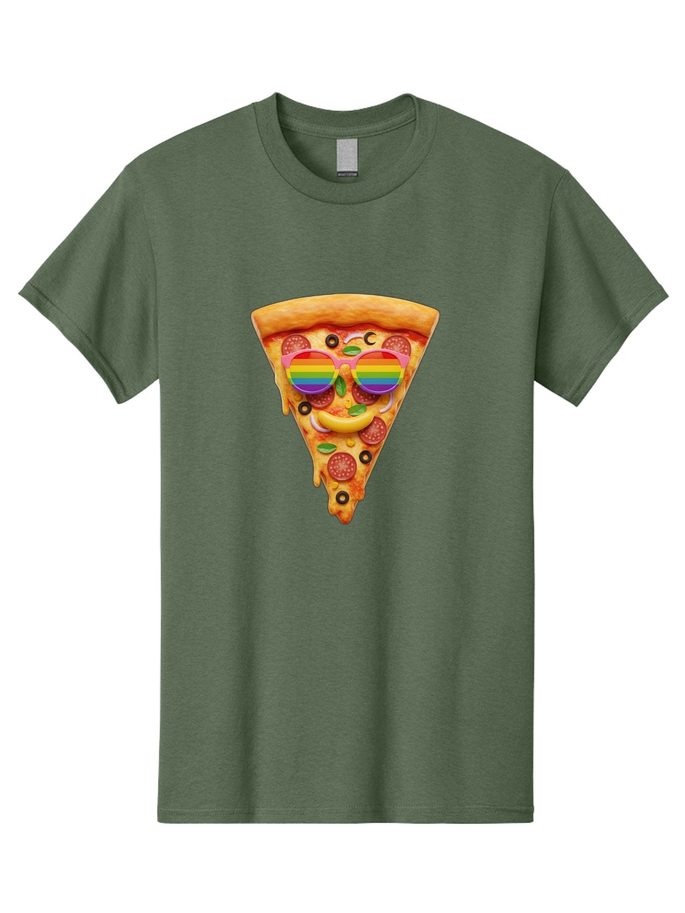 Pizza-Slice-13 Men'S Graphic Tee, 100% Cotton, Comfortable Casual Summer Wear, Machine Washable, Pizza Slice, Rainbow Sunglasses, Funny Face, Cheese Melting, Pepperoni Pizza, Black Olives, Basil Leaves, Rainbow Colors, Fun Design, Bac273 11
