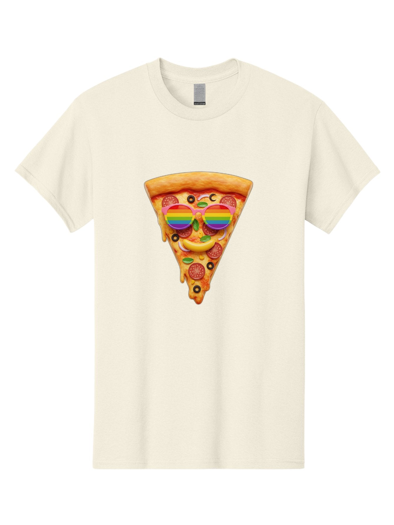 Pizza-Slice-13 Men'S Graphic Tee, 100% Cotton, Comfortable Casual Summer Wear, Machine Washable, Pizza Slice, Rainbow Sunglasses, Funny Face, Cheese Melting, Pepperoni Pizza, Black Olives, Basil Leaves, Rainbow Colors, Fun Design, Bac273 4