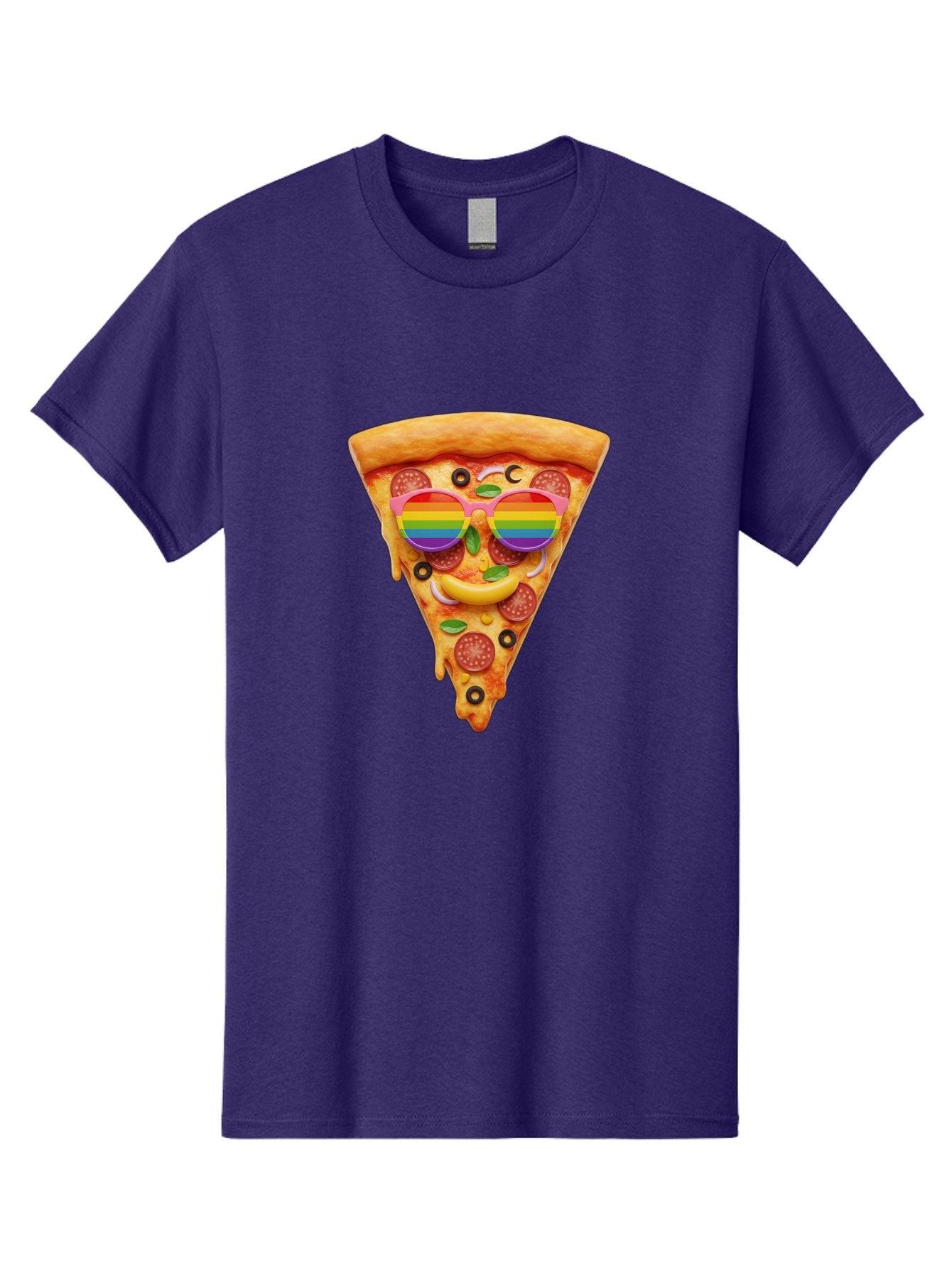 Pizza-Slice-13 Men'S Graphic Tee, 100% Cotton, Comfortable Casual Summer Wear, Machine Washable, Pizza Slice, Rainbow Sunglasses, Funny Face, Cheese Melting, Pepperoni Pizza, Black Olives, Basil Leaves, Rainbow Colors, Fun Design, Bac273 12