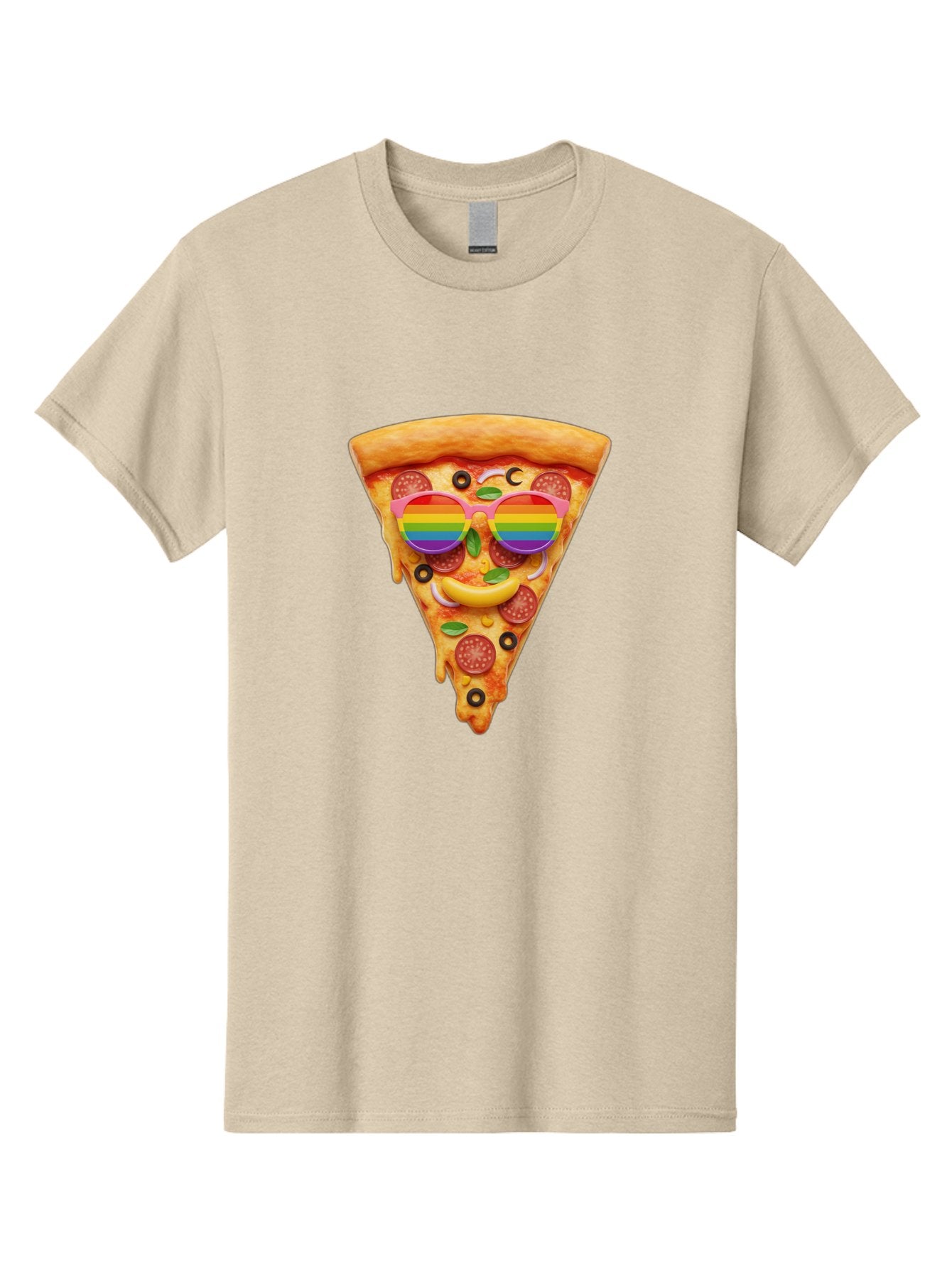 Pizza-Slice-13 Men'S Graphic Tee, 100% Cotton, Comfortable Casual Summer Wear, Machine Washable, Pizza Slice, Rainbow Sunglasses, Funny Face, Cheese Melting, Pepperoni Pizza, Black Olives, Basil Leaves, Rainbow Colors, Fun Design, Bac273 8