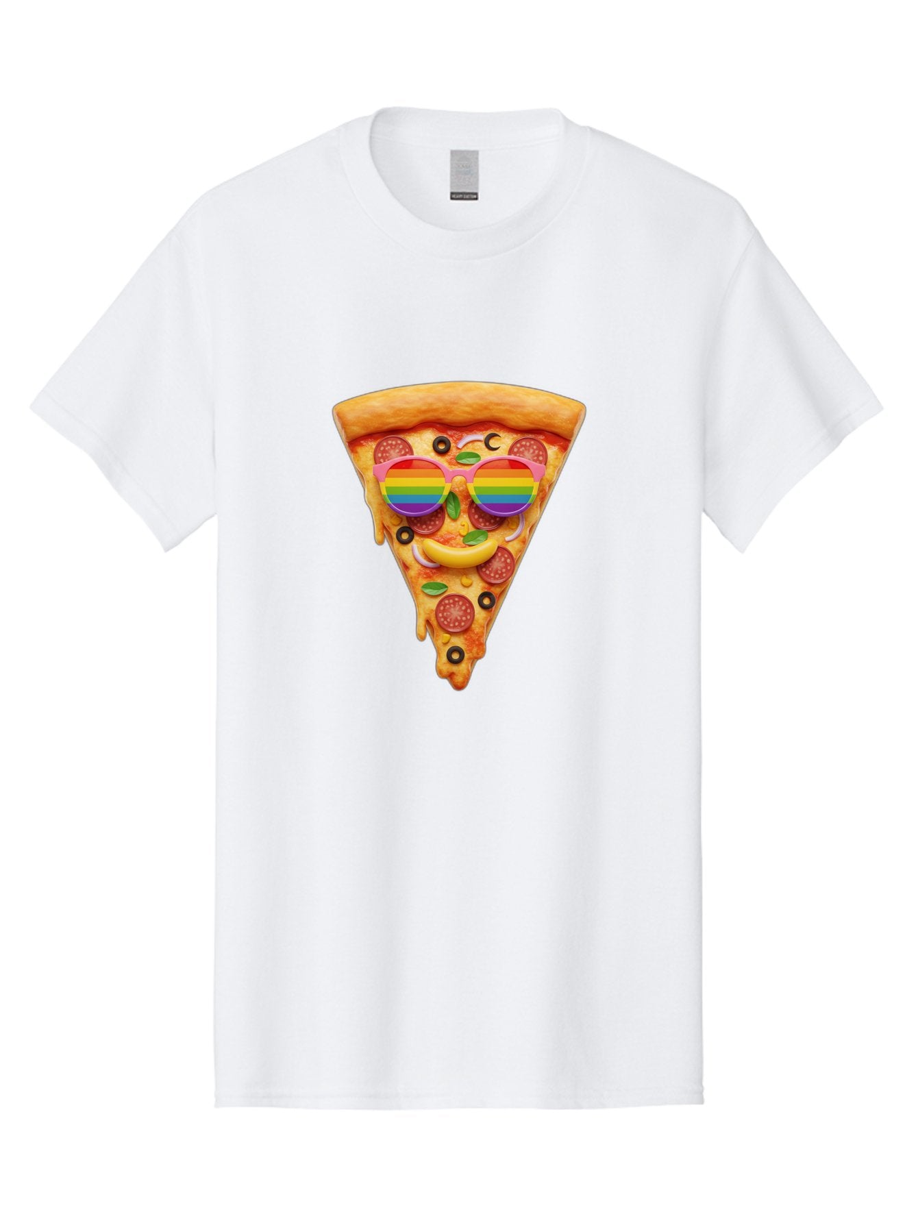 Pizza-Slice-13 Men'S Graphic Tee, 100% Cotton, Comfortable Casual Summer Wear, Machine Washable, Pizza Slice, Rainbow Sunglasses, Funny Face, Cheese Melting, Pepperoni Pizza, Black Olives, Basil Leaves, Rainbow Colors, Fun Design, Bac273 3