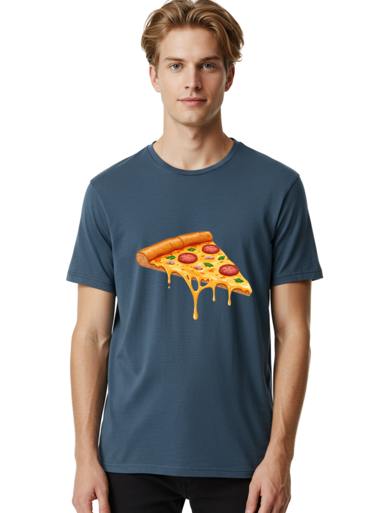 Pizza-Slice-19 Men'S Graphic Tee, 100% Cotton, Comfortable Casual Summer Wear, Machine Washable, Pepperoni Pizza Slice, Melted Cheese, Gooey Cheese, Pepperoni, Basil, Italian Food, Pizza Lover, Cheesy Goodness, Savory Delight, Foodie, Bac279 20
