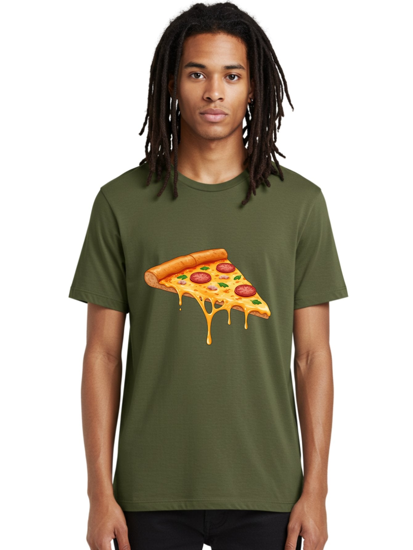 Pizza-Slice-19 Men'S Graphic Tee, 100% Cotton, Comfortable Casual Summer Wear, Machine Washable, Pepperoni Pizza Slice, Melted Cheese, Gooey Cheese, Pepperoni, Basil, Italian Food, Pizza Lover, Cheesy Goodness, Savory Delight, Foodie, Bac279 19