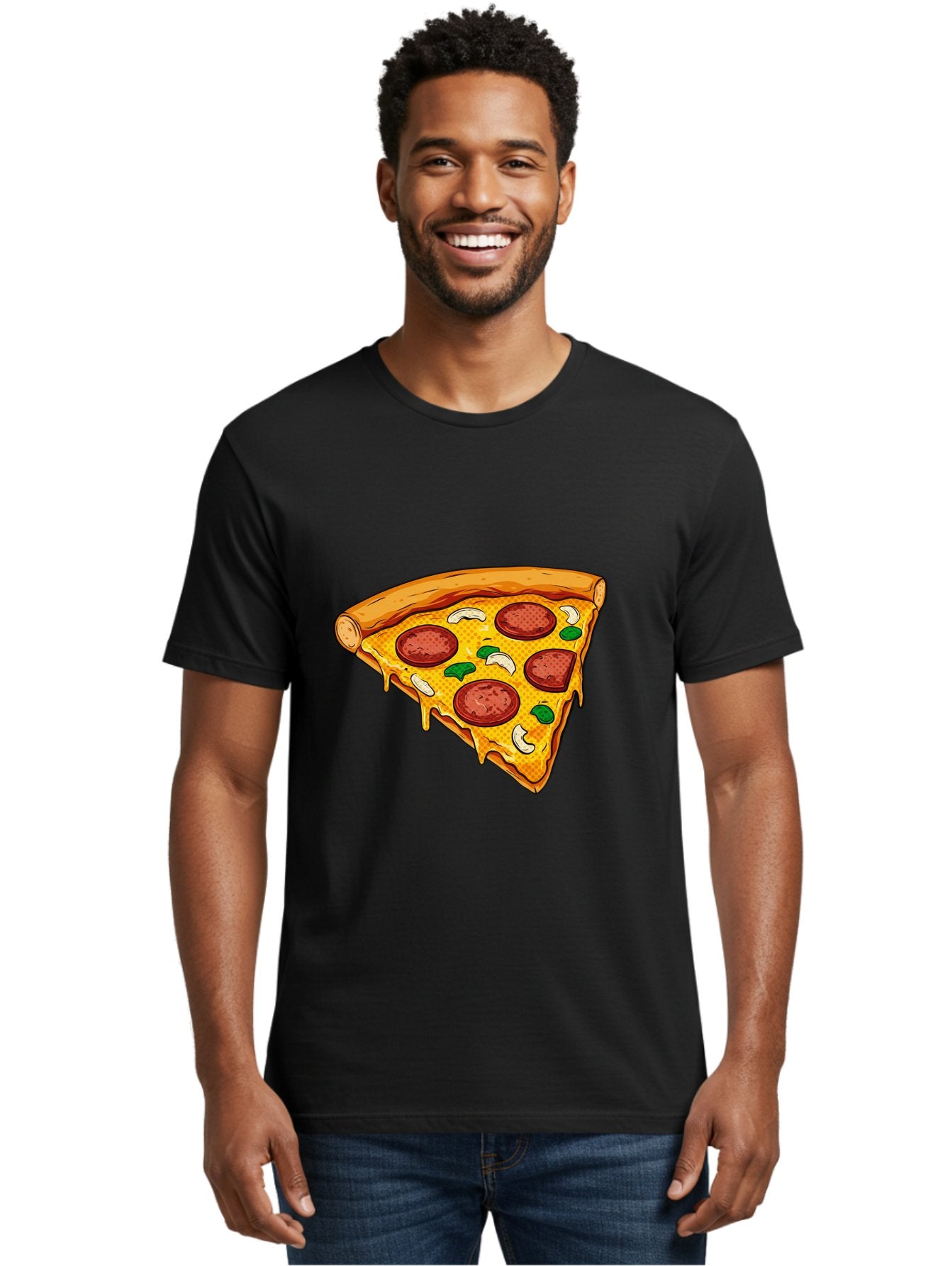 Pizza-Slice-28 Men'S Graphic Tee, 100% Cotton, Comfortable Casual Summer Wear, Machine Washable, Pepperoni Pizza, Melted Cheese, Green Peppers, Cashew Nuts, Italian Food, Cartoon Style, Food Illustration, Tasty Pizza, Savory Toppings, Bac289 22
