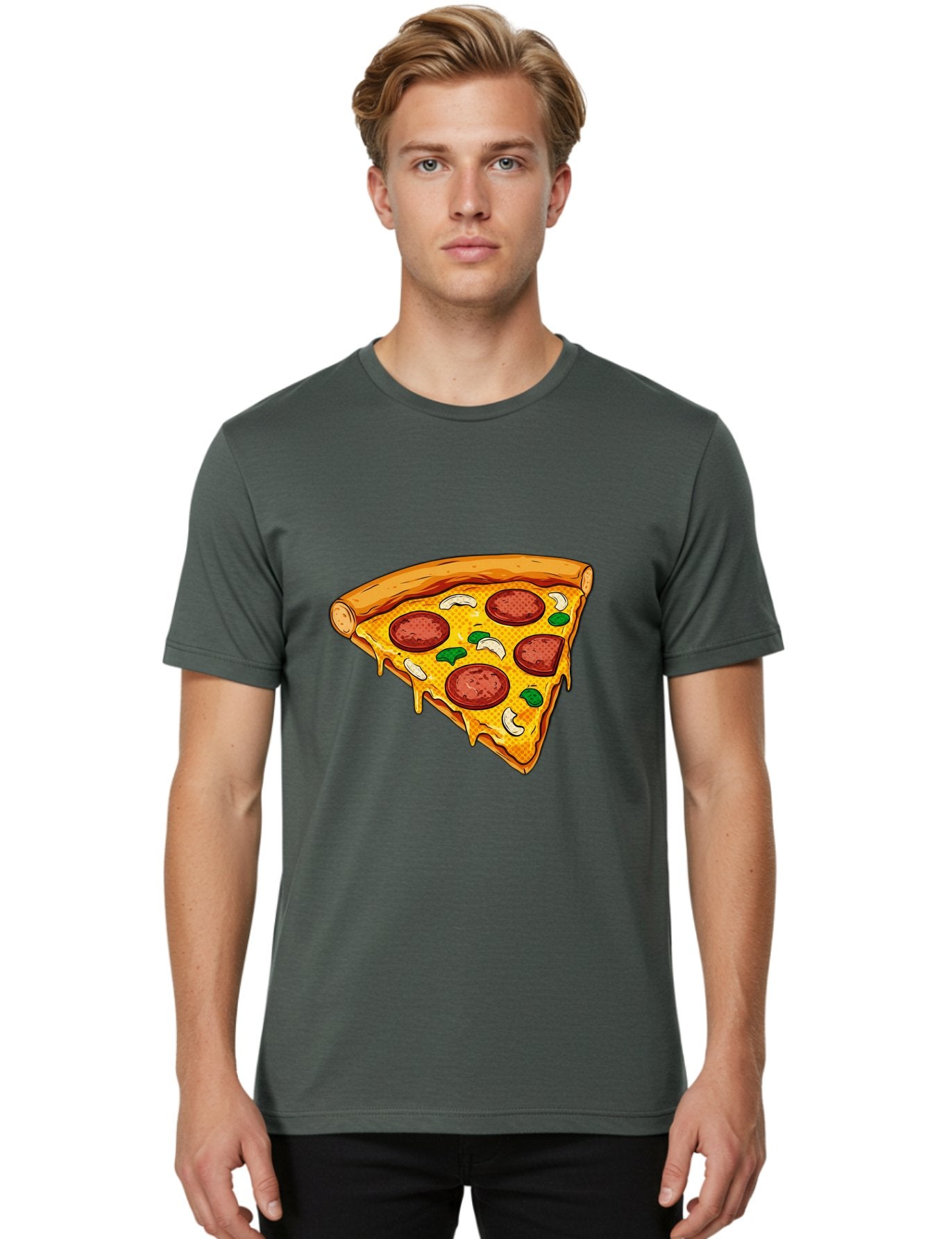 Pizza-Slice-28 Men'S Graphic Tee, 100% Cotton, Comfortable Casual Summer Wear, Machine Washable, Pepperoni Pizza, Melted Cheese, Green Peppers, Cashew Nuts, Italian Food, Cartoon Style, Food Illustration, Tasty Pizza, Savory Toppings, Bac289 30